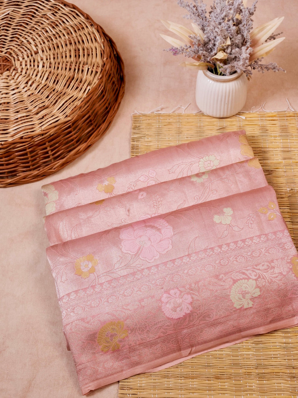 Handwoven Blush Pink Banarasi Katan Soft Tissue Silk Saree