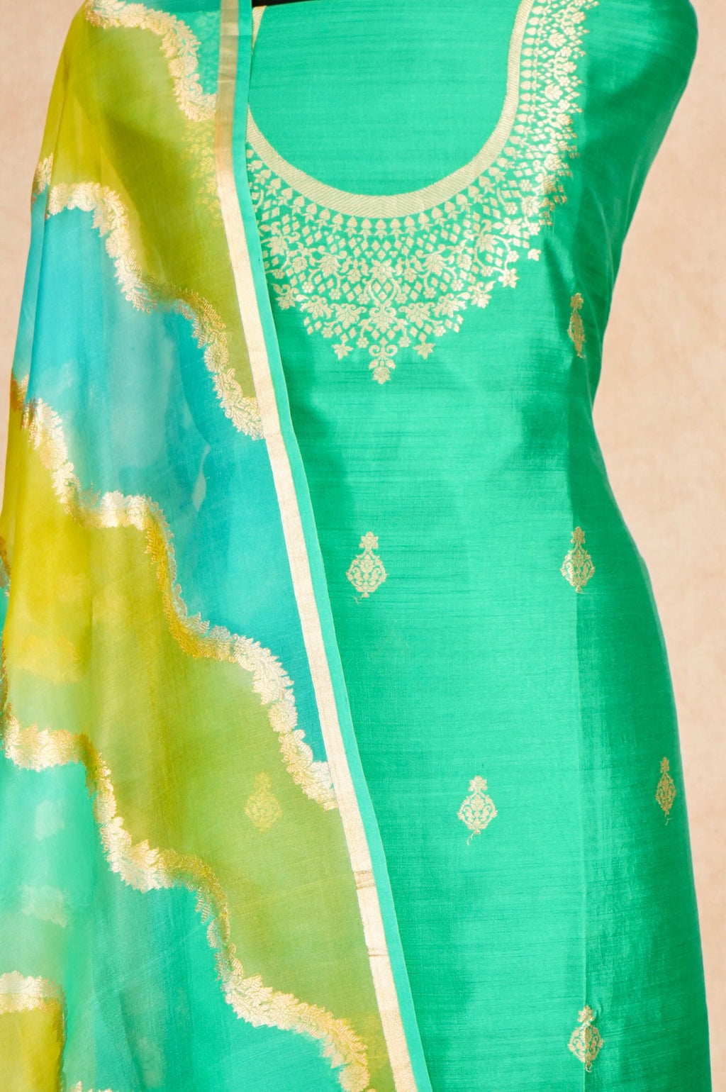 Handwoven Parrot Green Banarasi Katan Silk Suit