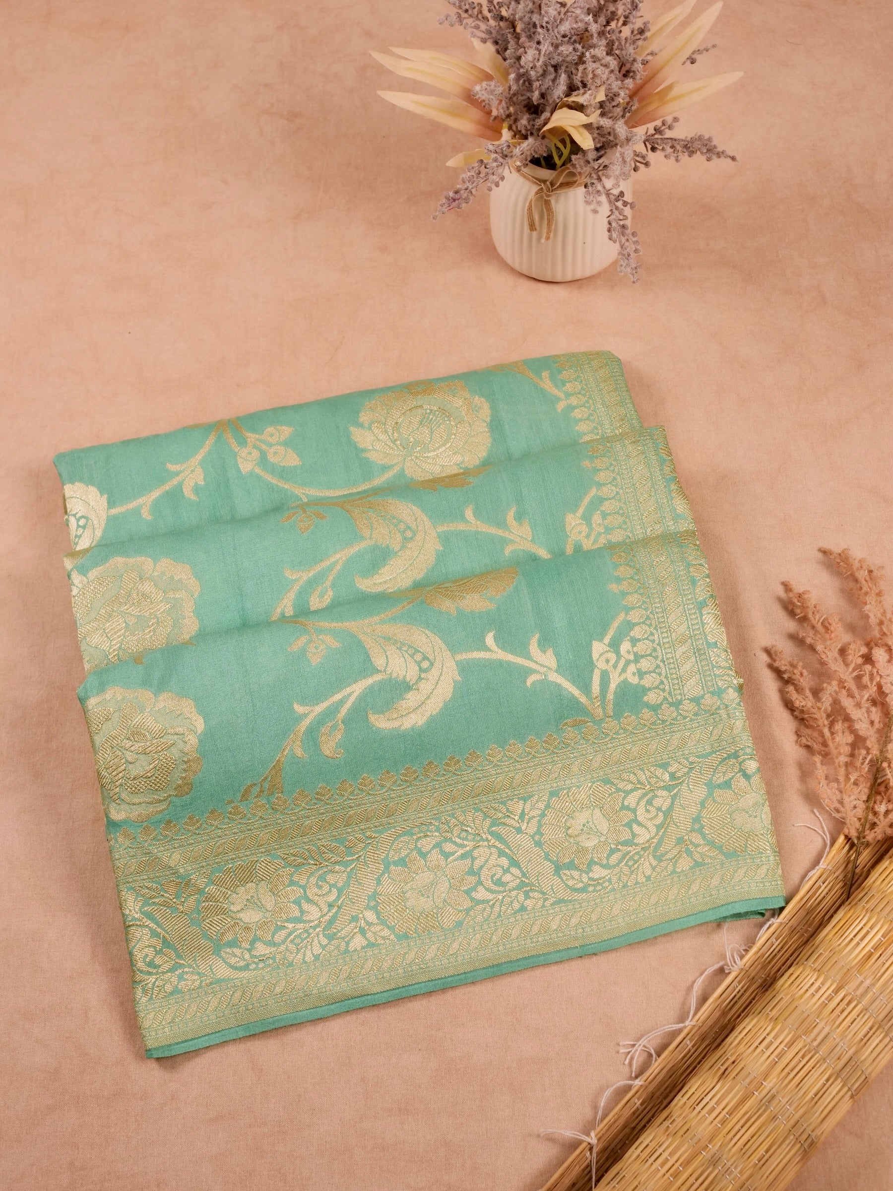 Handwoven Pastel Green Banarasi Monga Silk Saree