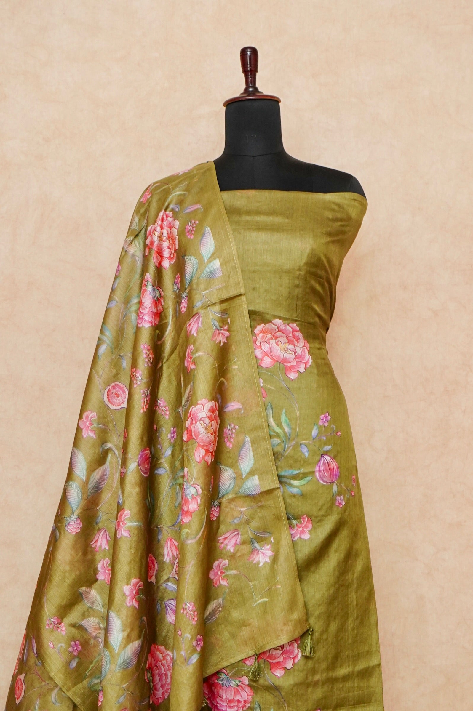 Handwoven Mehendi Banarasi Tussar Silk Suit
