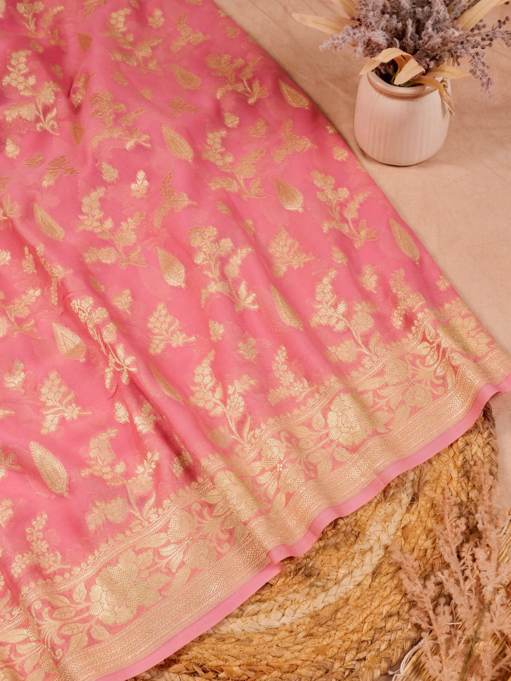 Handwoven Peach Banarasi Khaddi Silk Saree