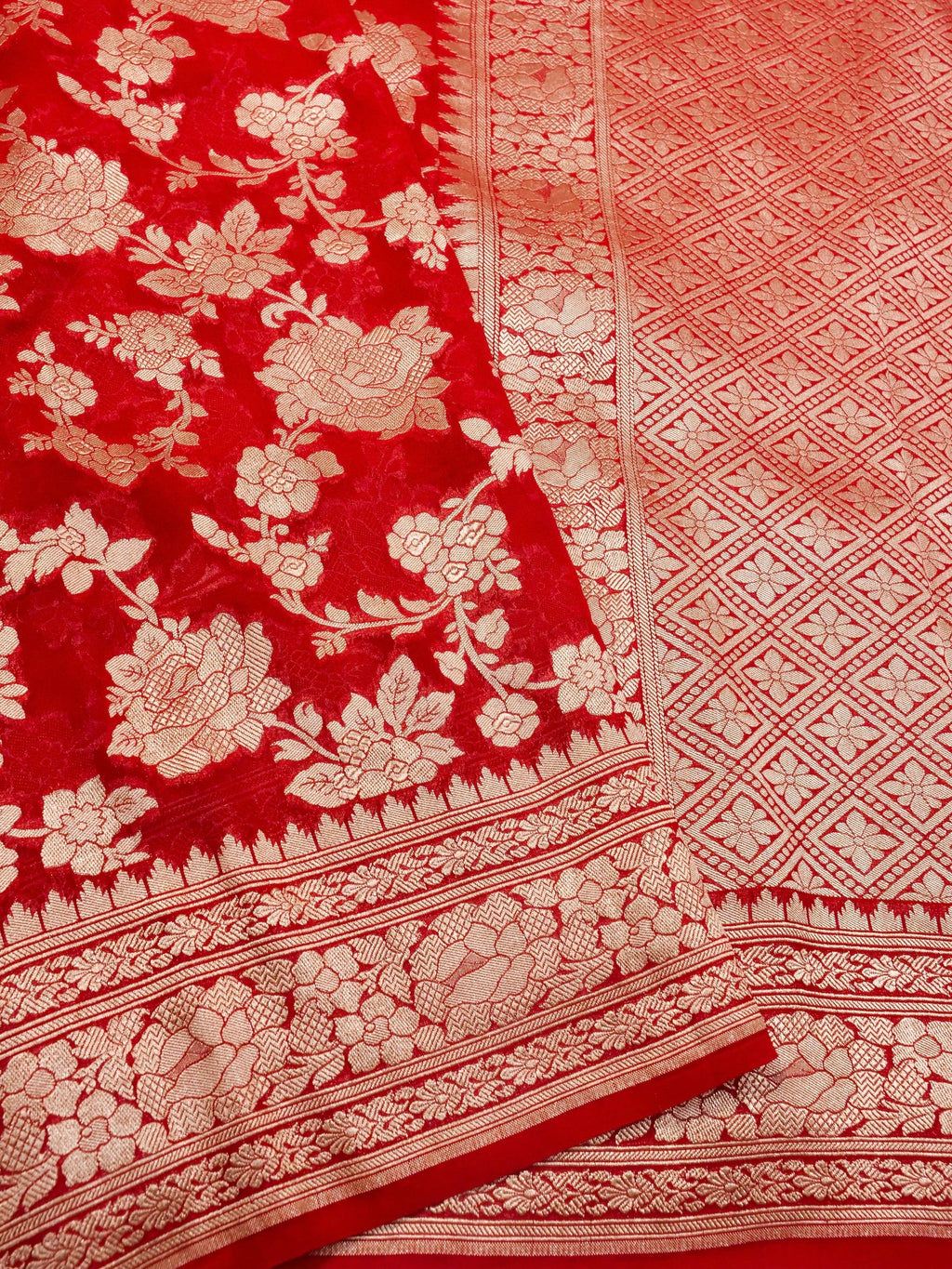 Handwoven Red Banarasi Khaddi Silk Saree