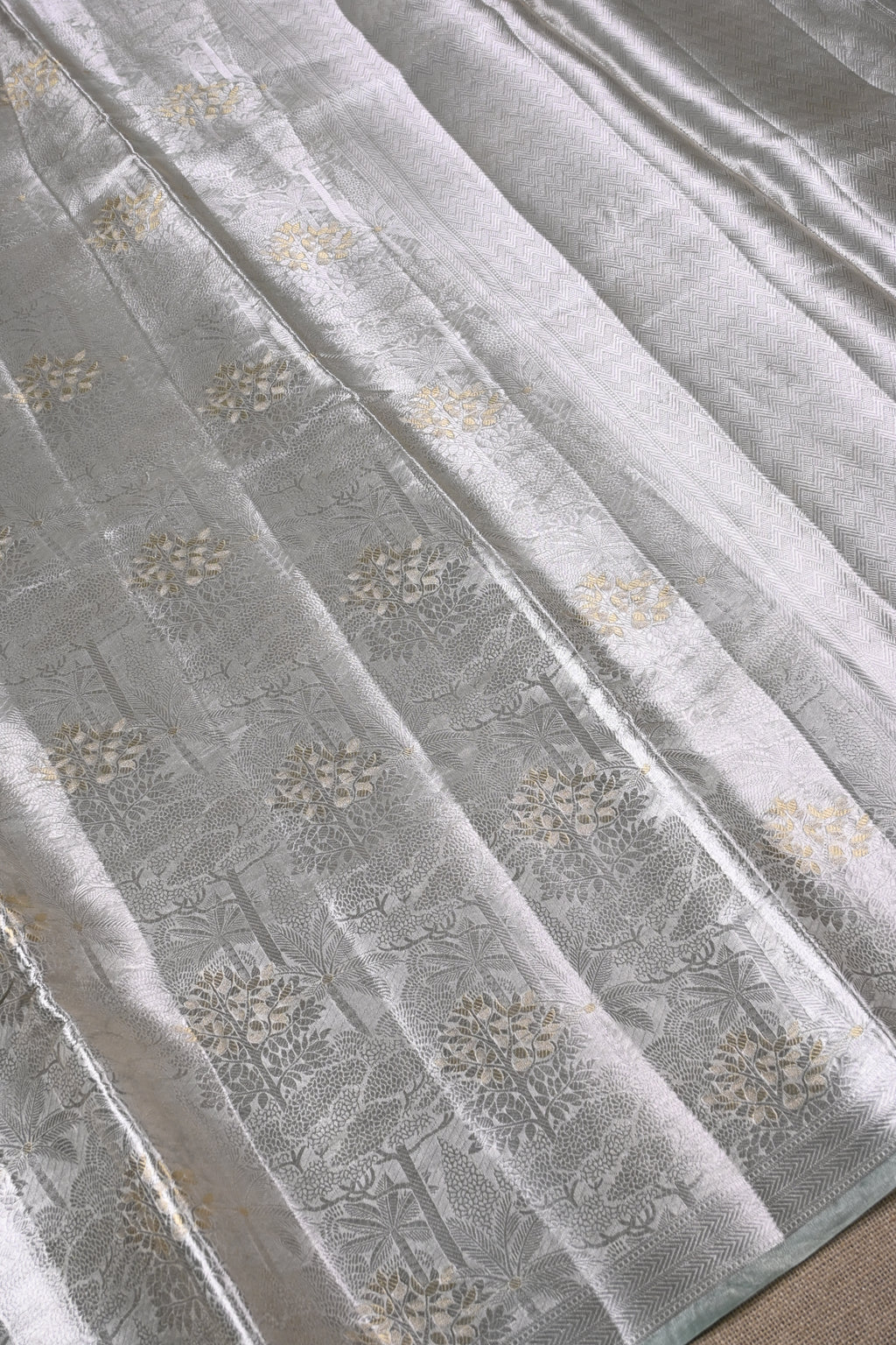 Baby Pista Green Pure Banarasi Molten Tissue Silk Saree