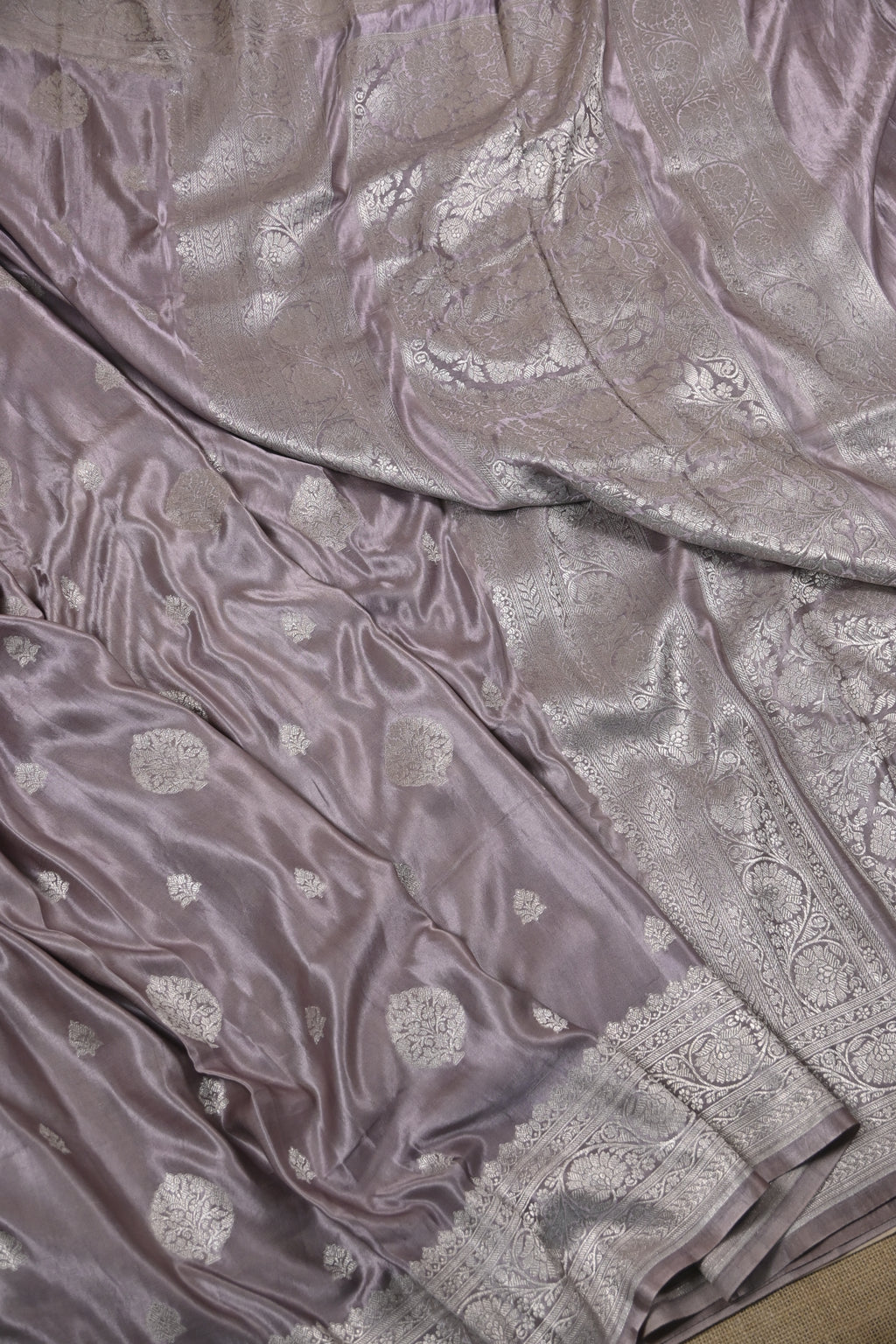 Dusty Lavender Pure Banarasi Satin Mashru Silk Saree