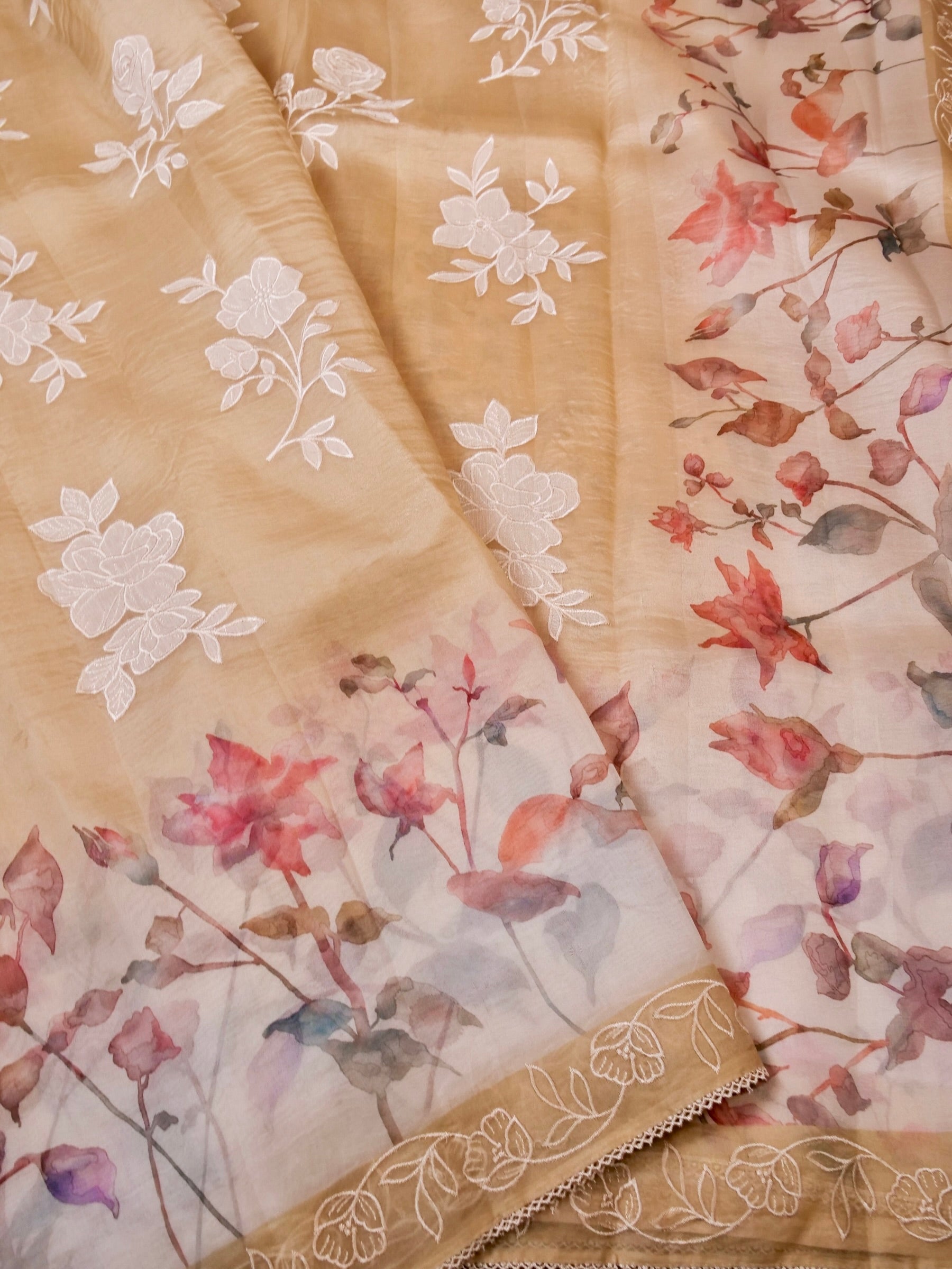 Handwoven Cream Banarasi Organza Silk Saree