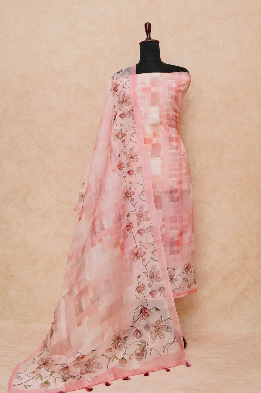 Handwoven Baby Pink Banarasi Organza Silk Suit