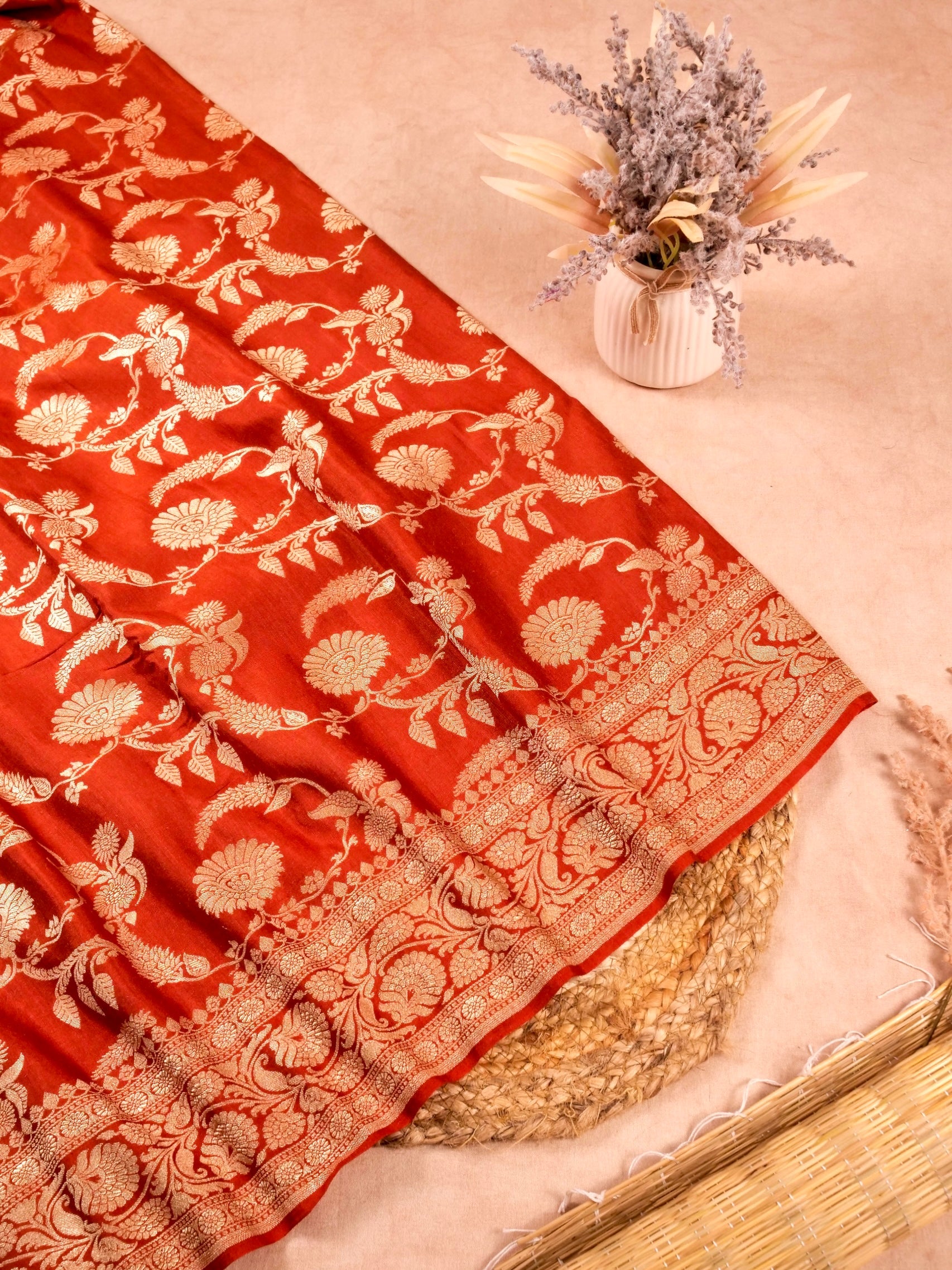 Handwoven Orange Banarasi Monga Silk Saree