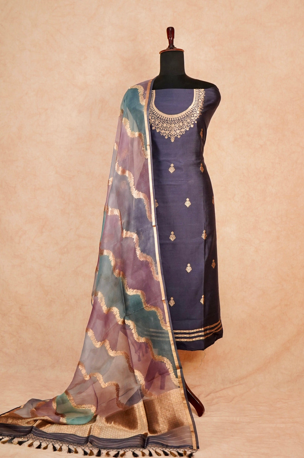 Handwoven Navy Blue Banarasi Katan Silk Suit