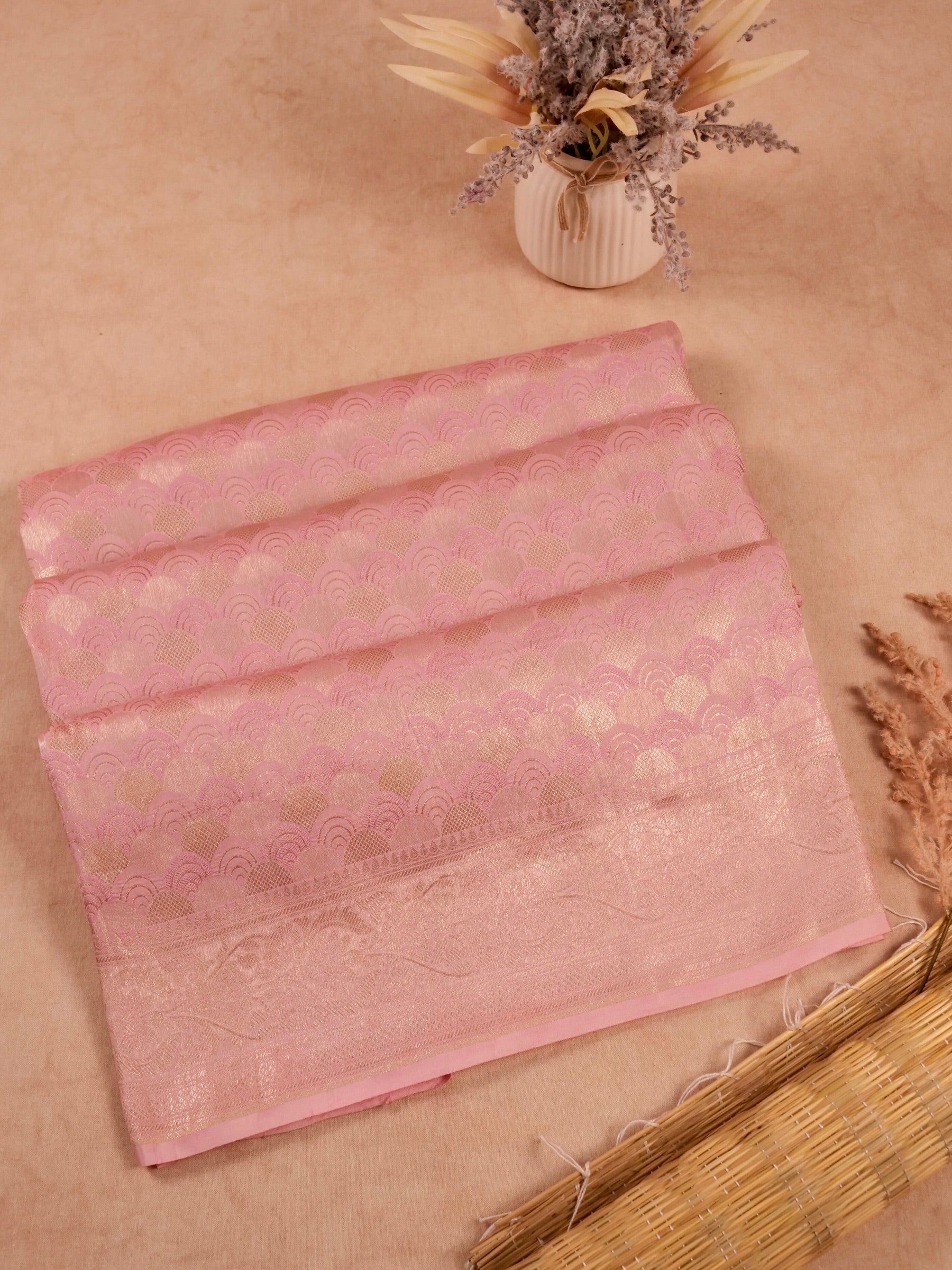 Handwoven Pastel Pink Banarasi Katan Soft Tissue Silk Saree