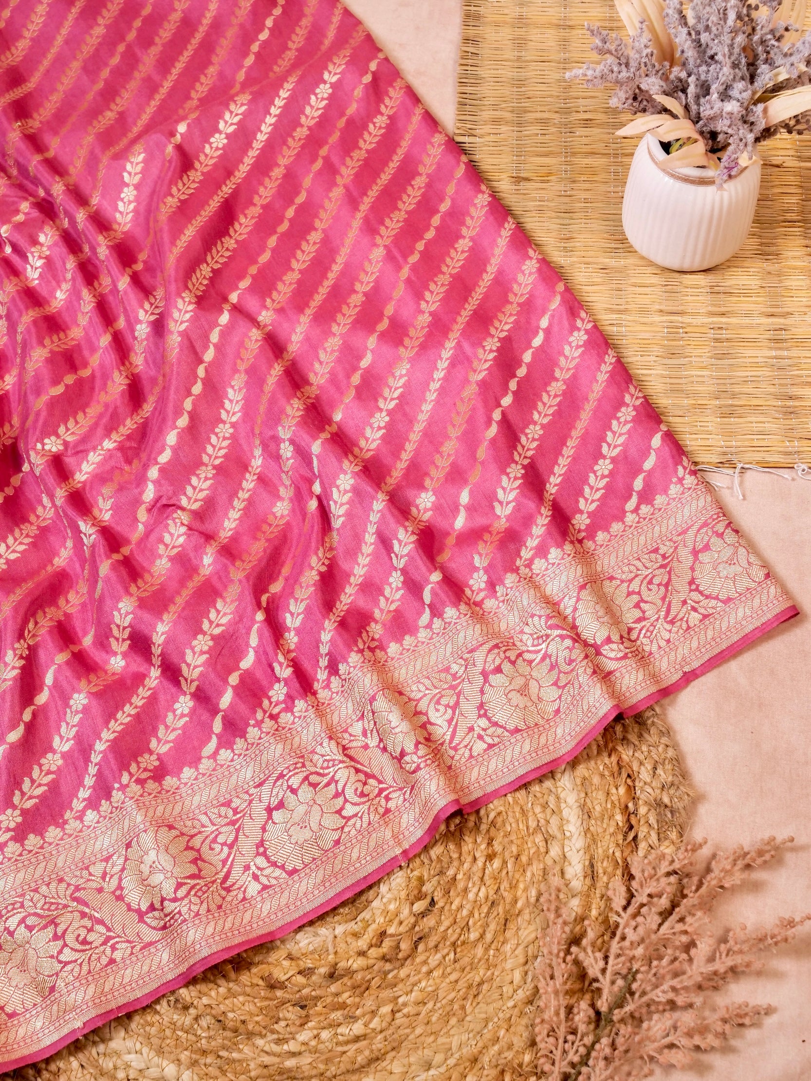 Handwoven Pink Banarasi Khaddi Silk Saree