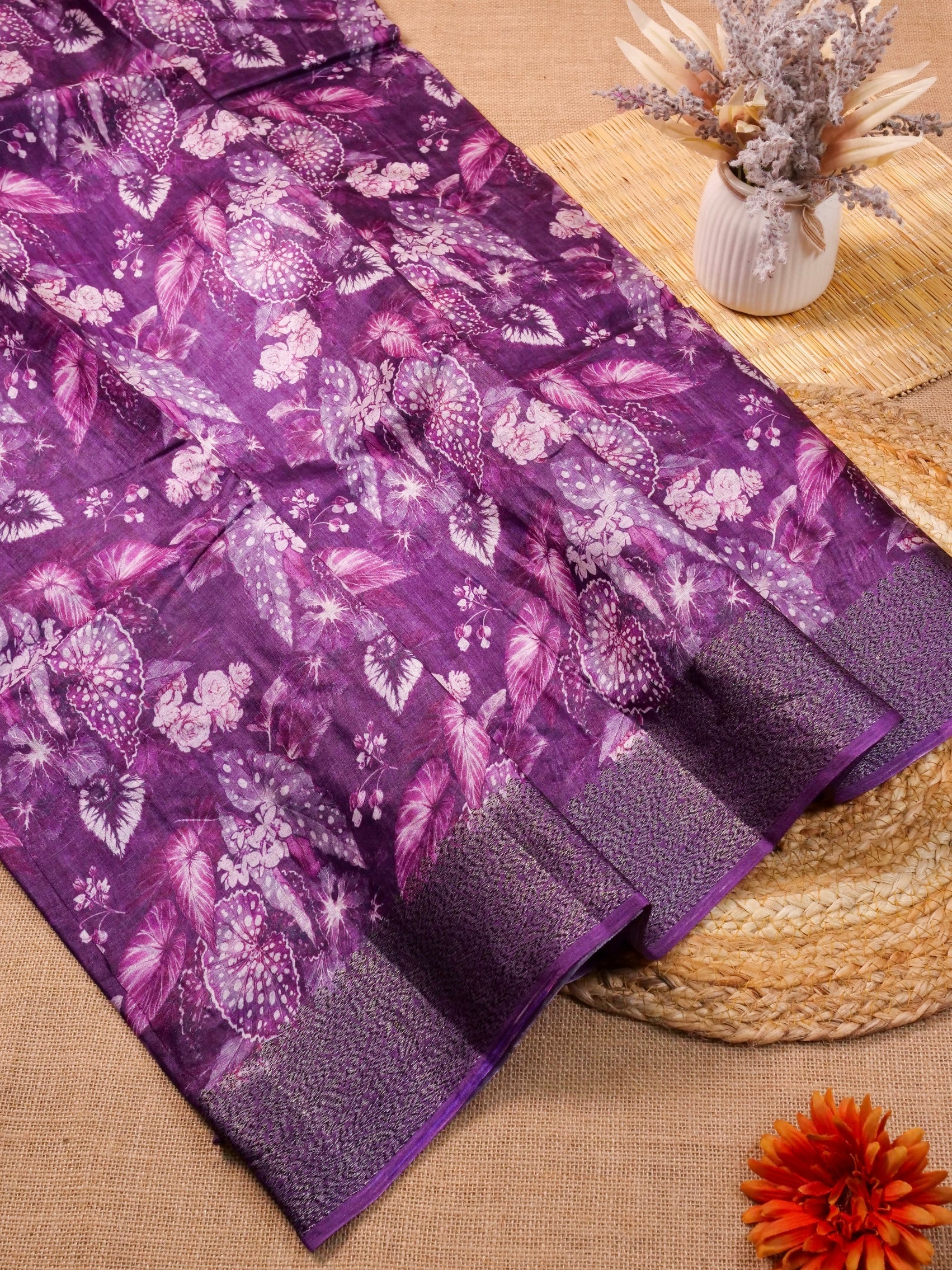 Handwoven Purple Banarasi Tussar Silk Saree