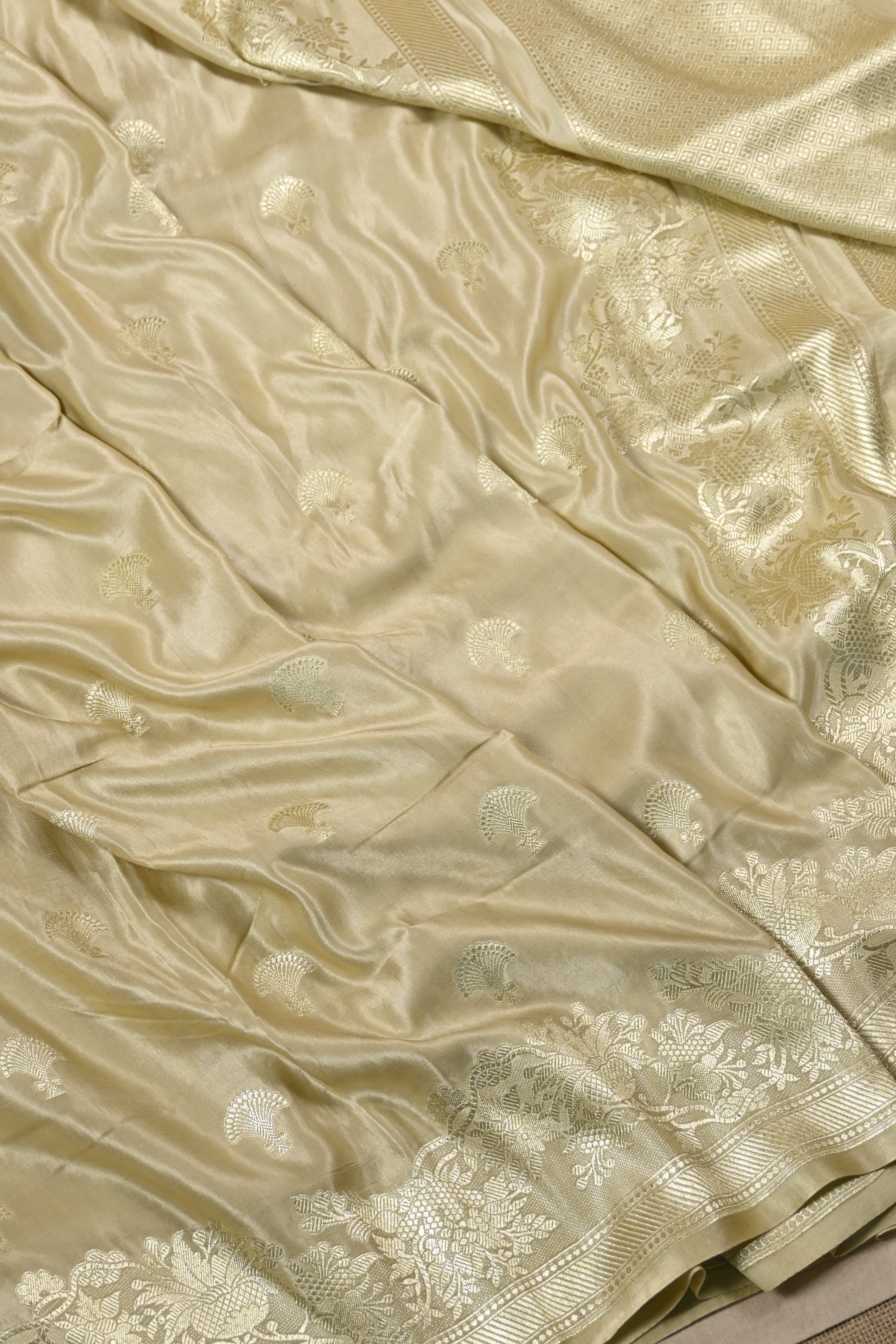 Dusty Beige Pure Banarasi Satin Mashru Silk Saree