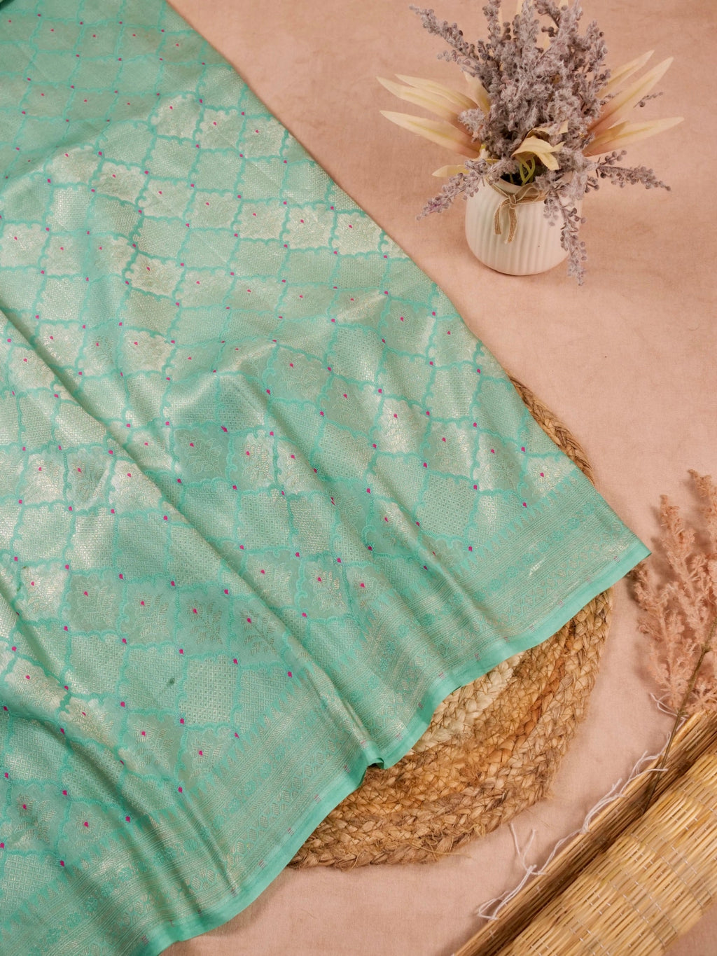 Handwoven Sea Green Banarasi Katan Soft Tissue Silk Saree