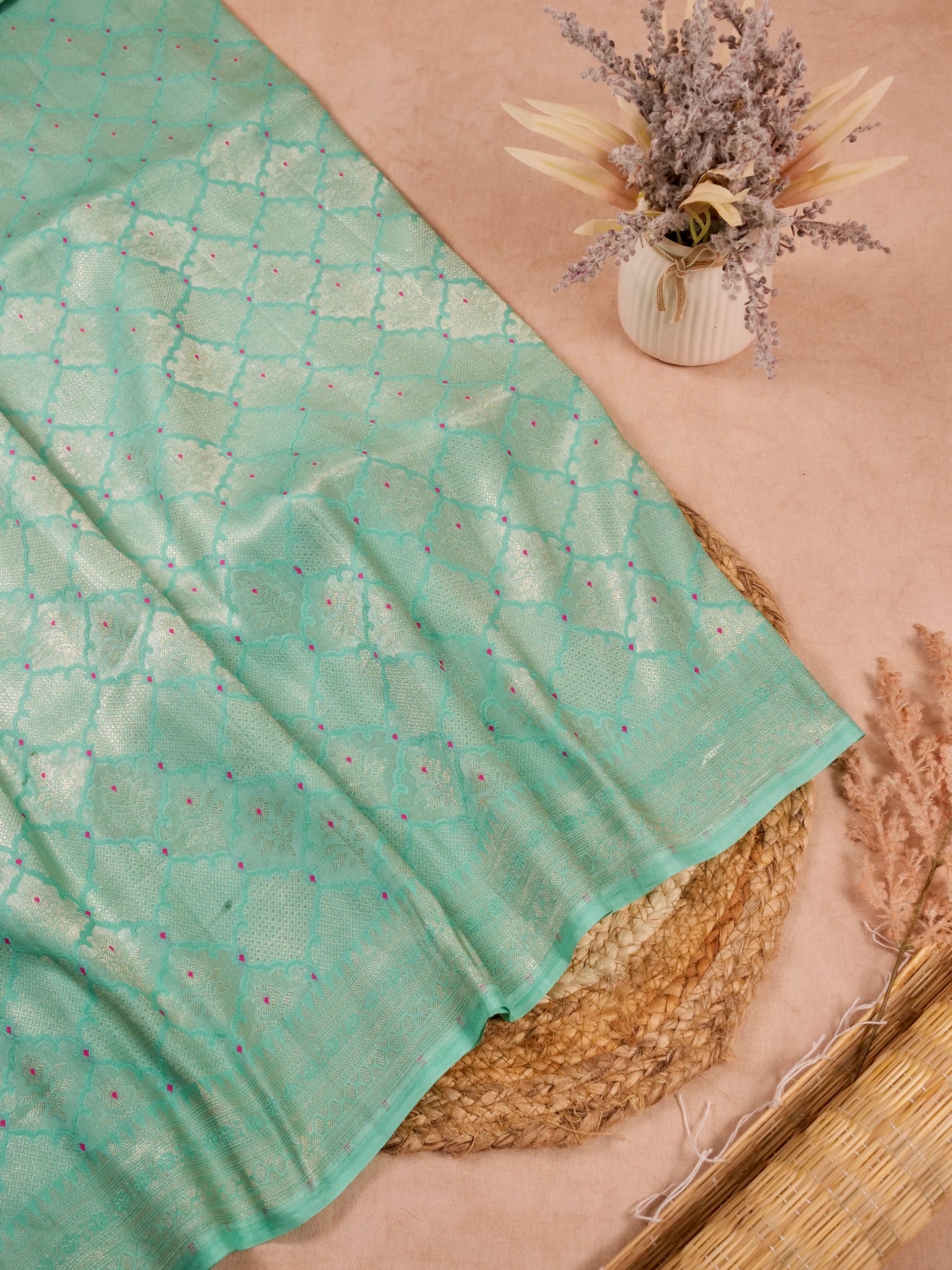 Handwoven Sea Green Banarasi Katan Soft Tissue Silk Saree