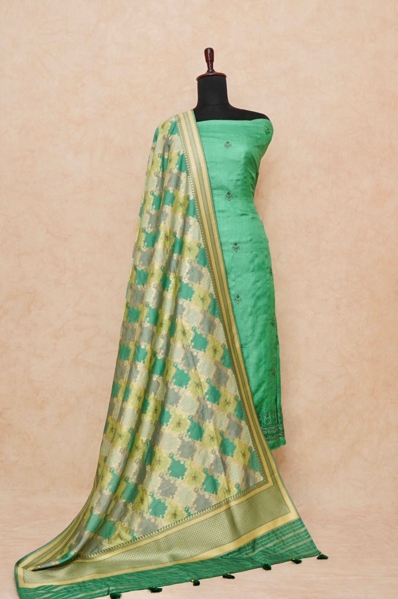Handwoven Green Banarasi Tussar Silk Suit