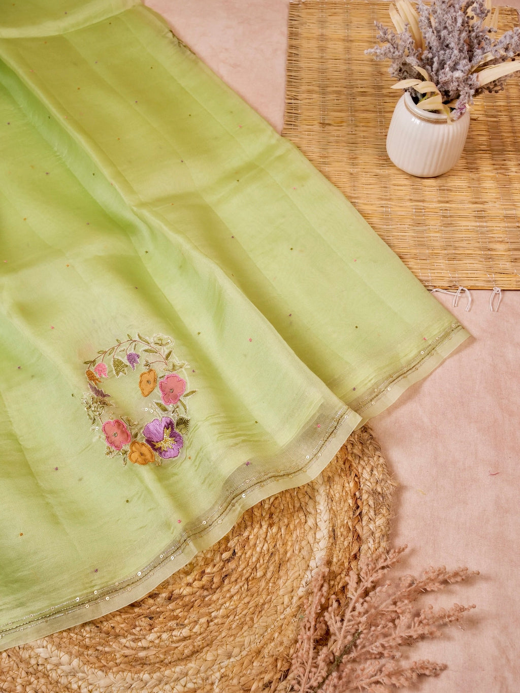 Handwoven Lime Green Banarasi Organza Silk Saree