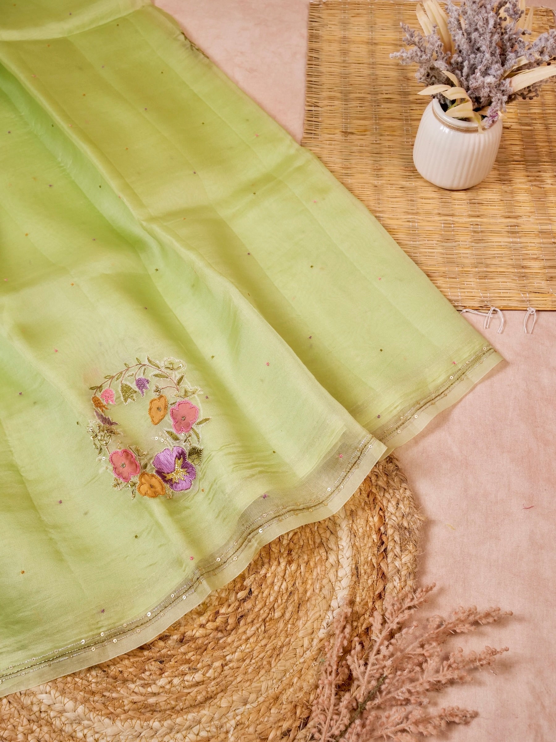 Handwoven Lime Green Banarasi Organza Silk Saree