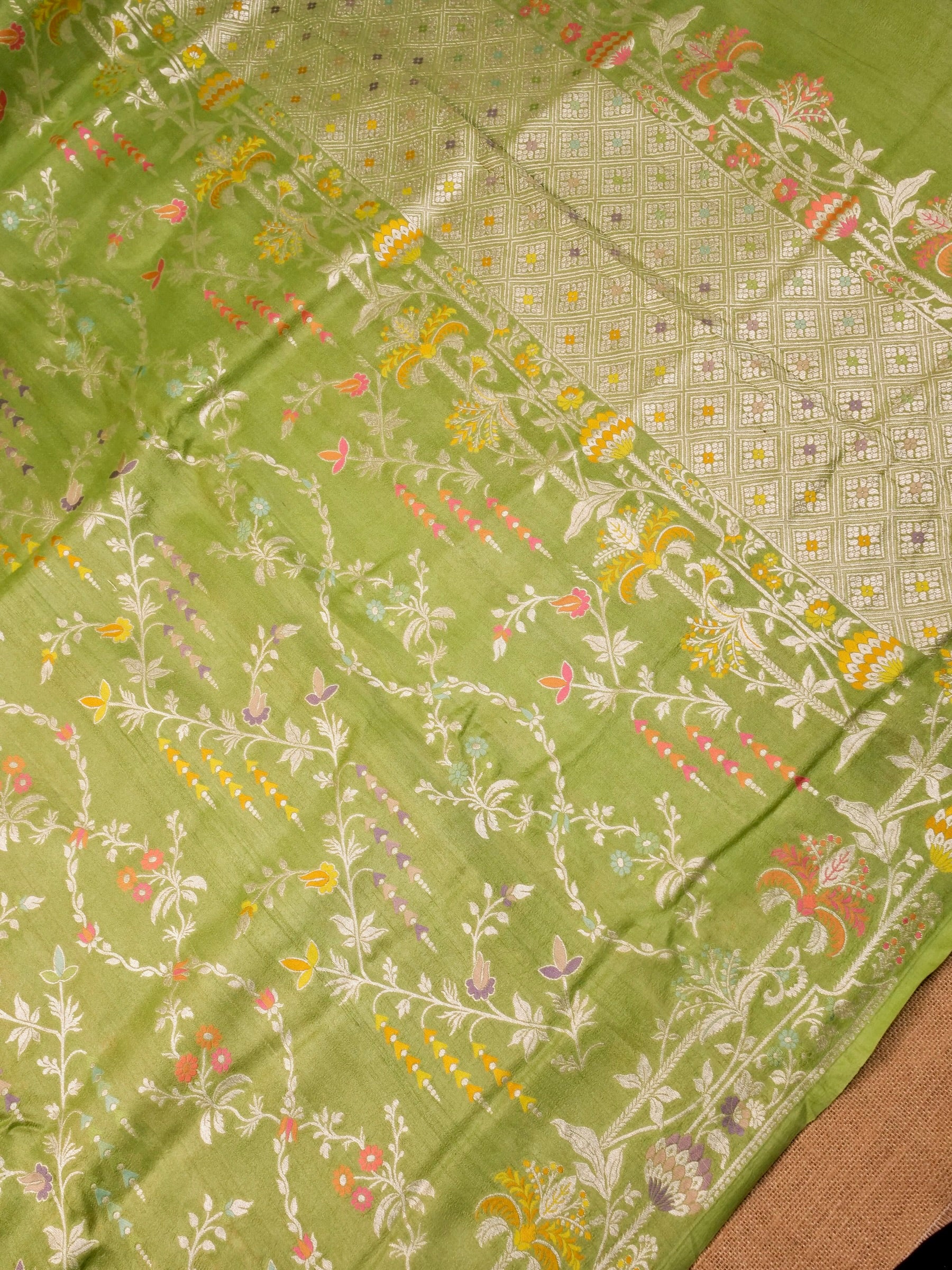 Handwoven Green Banarasi Desi Tussar Silk Saree