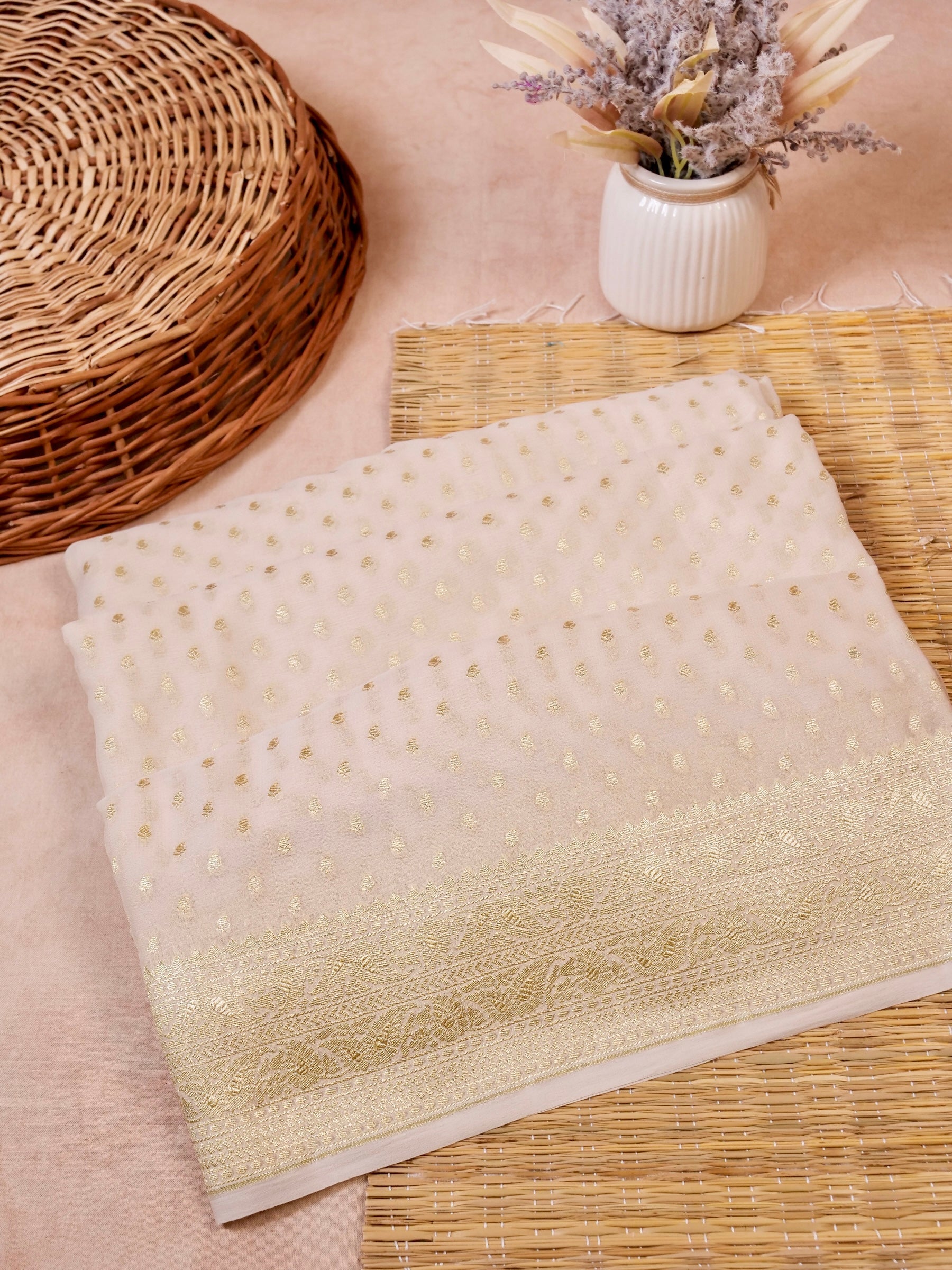 Handwoven Ivory Banarasi Khaddi Silk Saree