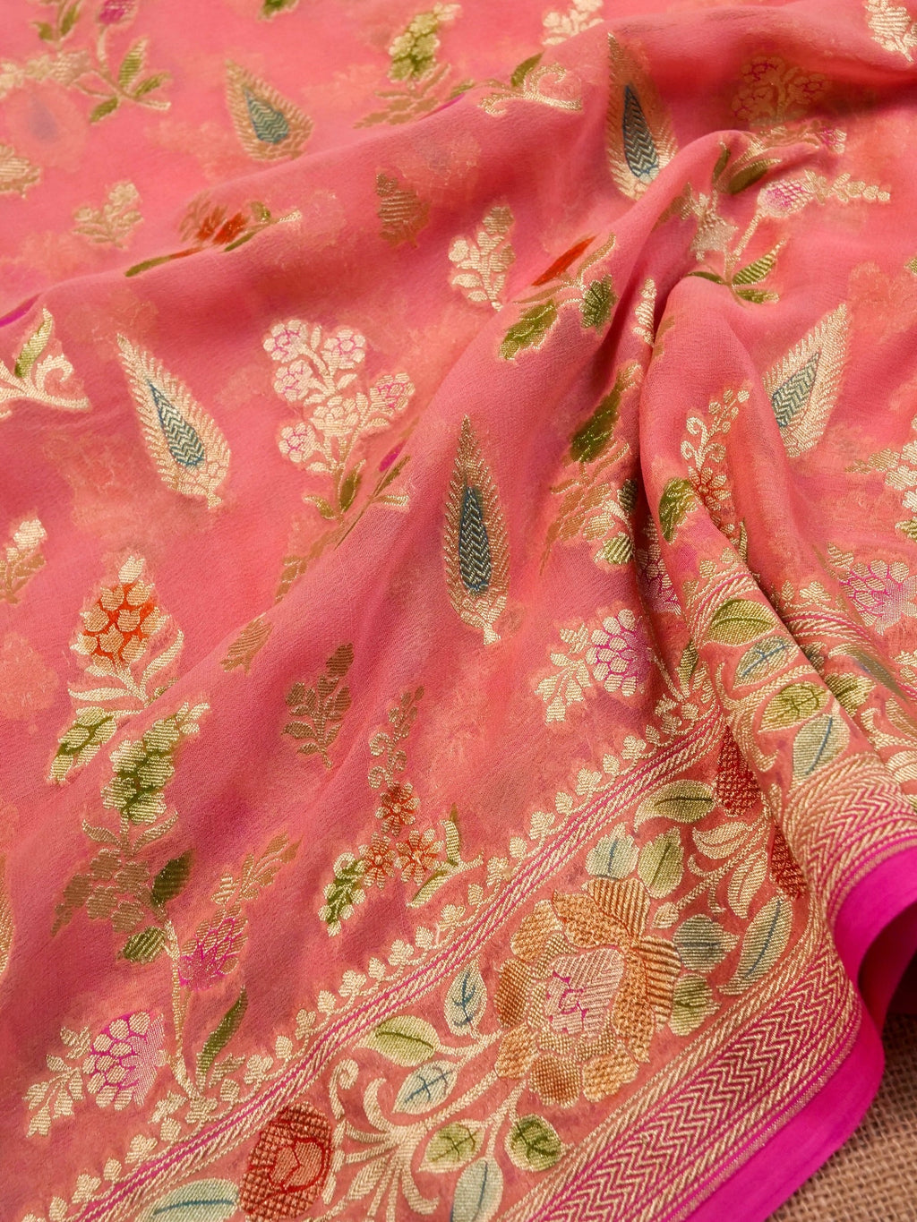 Handwoven Carrot Pink Banarasi Khaddi Silk Saree