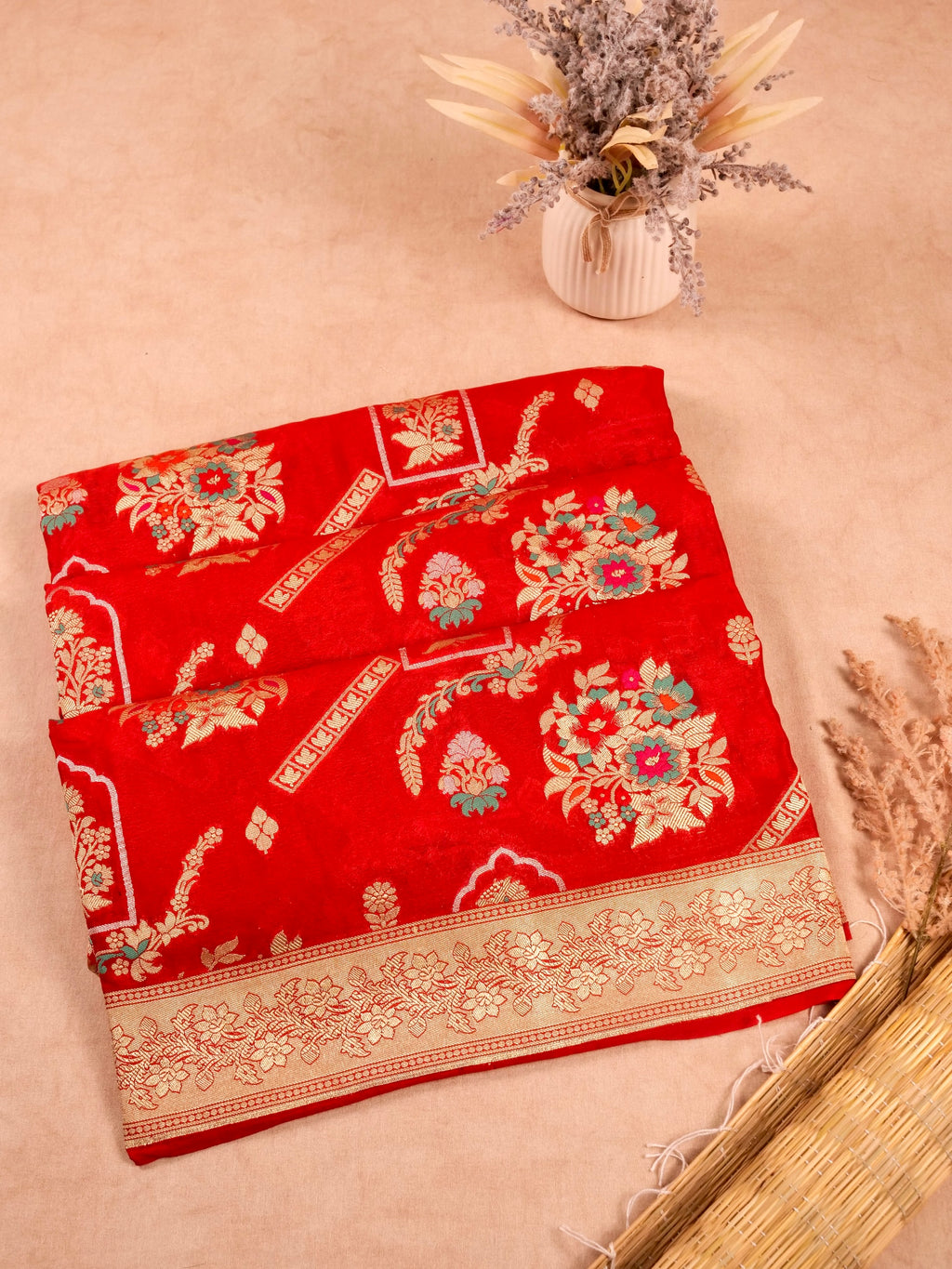 Handwoven Red Banarasi Khaddi Silk Saree