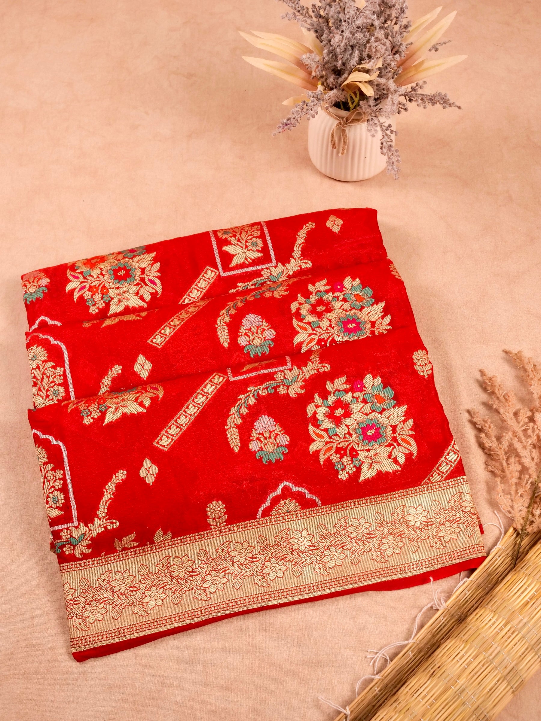 Handwoven Red Banarasi Khaddi Silk Saree