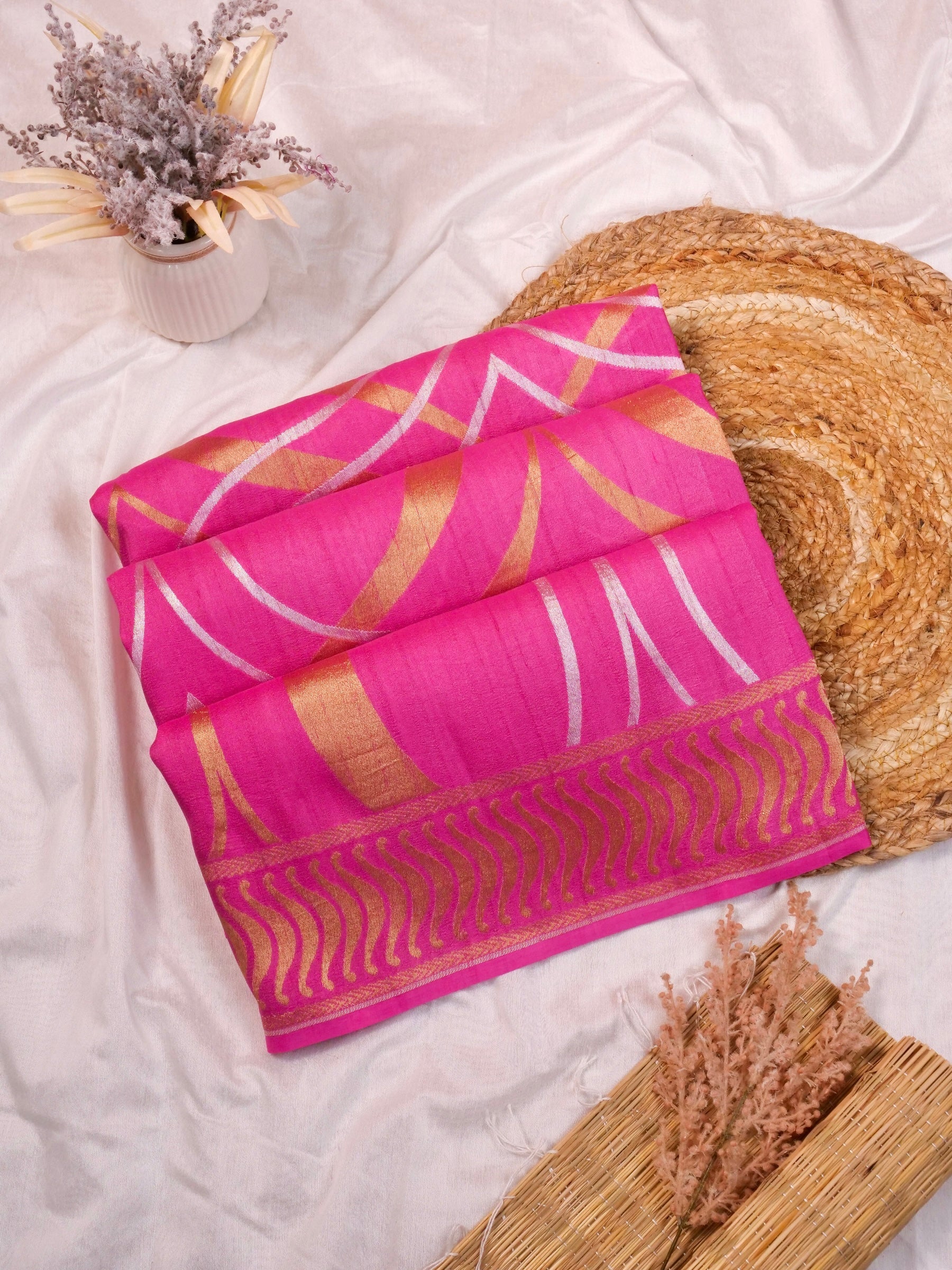 Handwoven Pink Banarasi Tussar Silk Saree