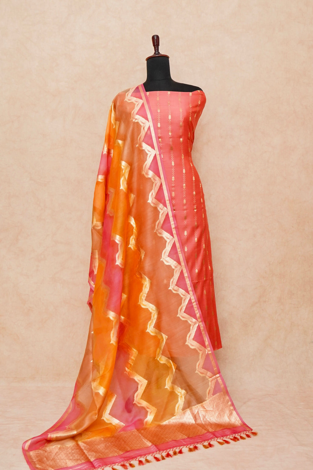 Handwoven Reddish Orange Banarasi Monga Silk Suit