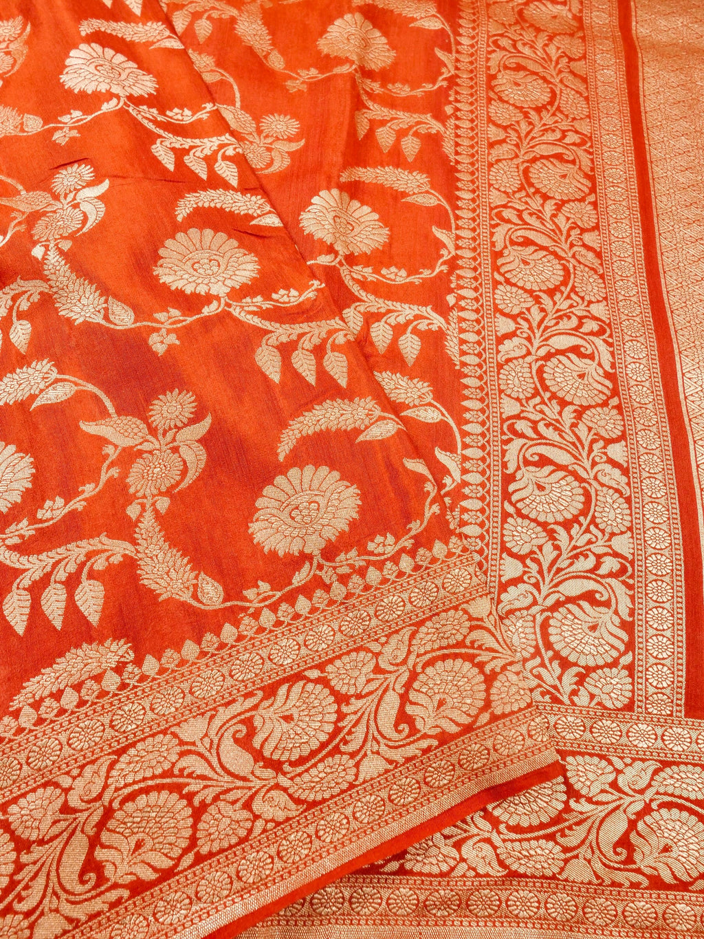Handwoven Orange Banarasi Monga Silk Saree