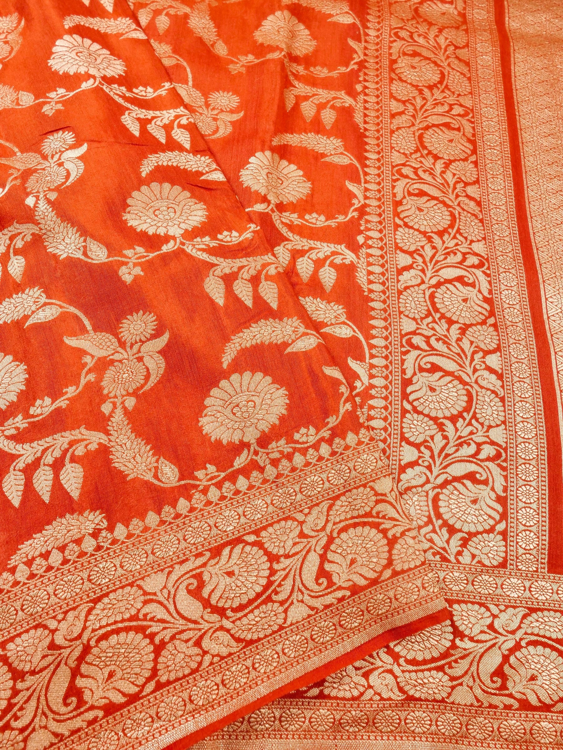 Handwoven Orange Banarasi Monga Silk Saree