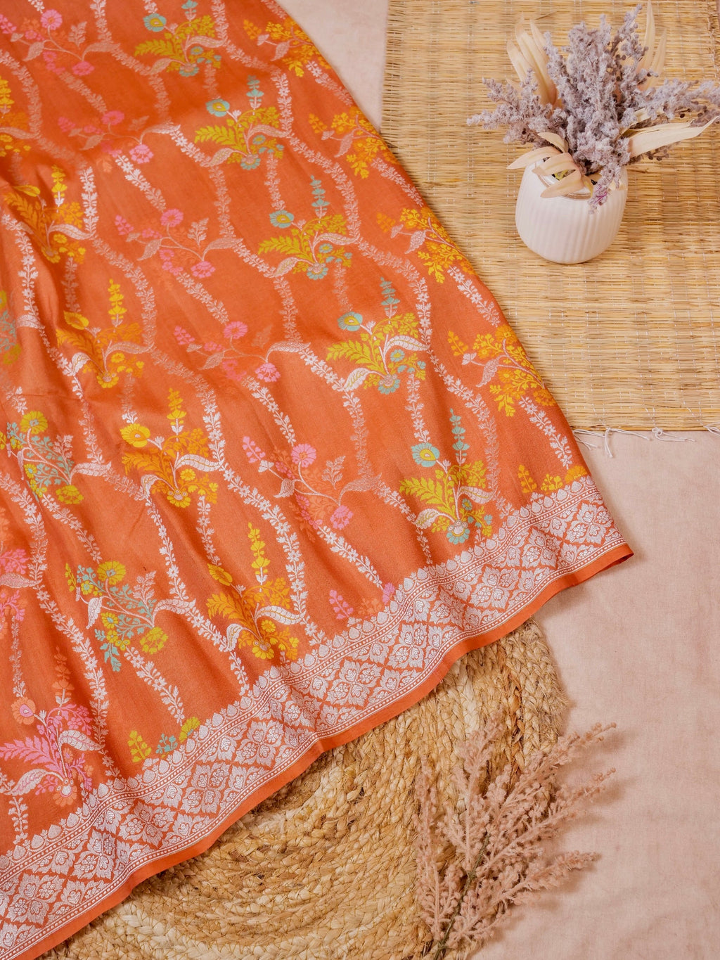 Handwoven Orange Banarasi Monga Silk Saree