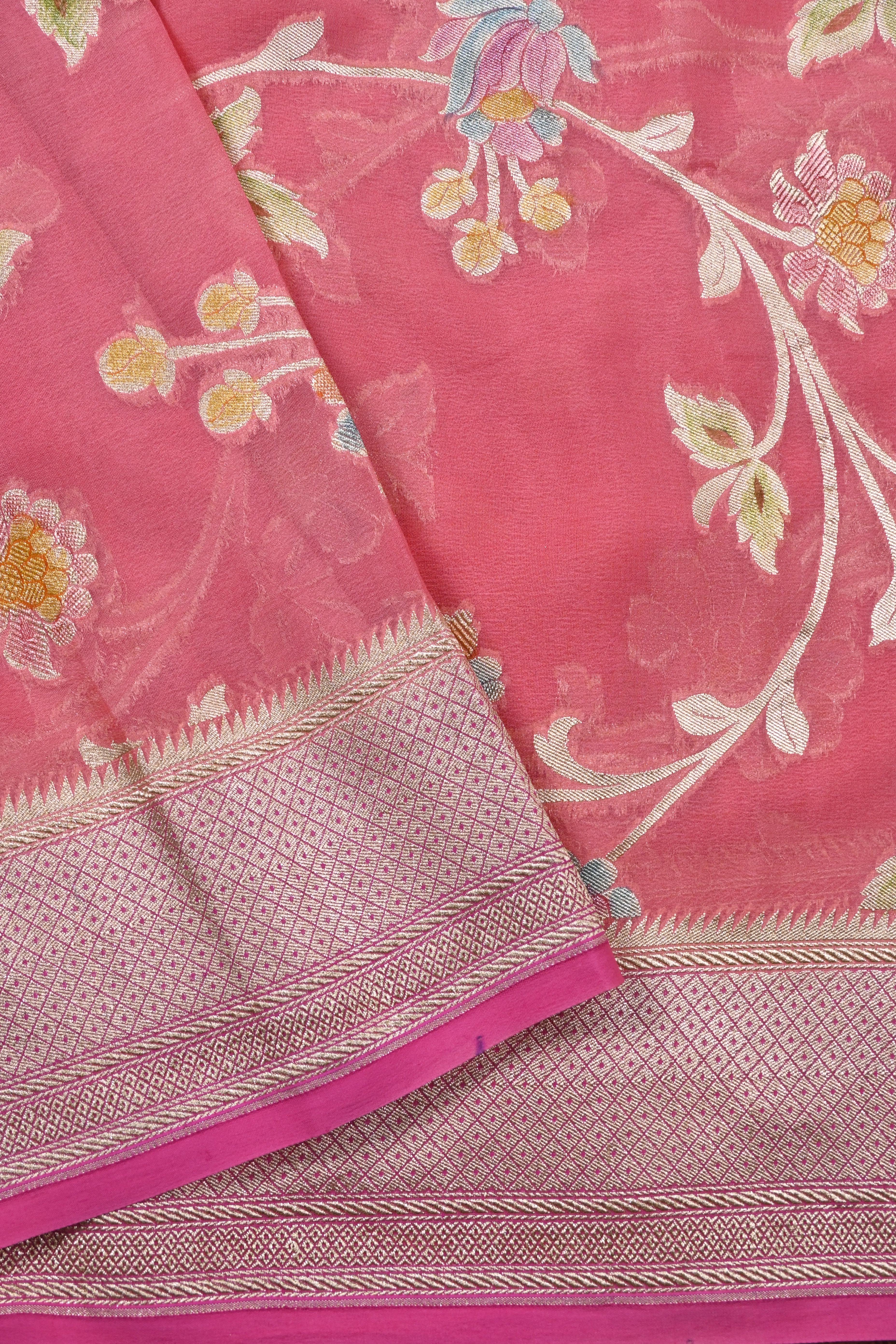 Pinkish Peach Pure Banarasi Khaddi Georgette Silk Saree