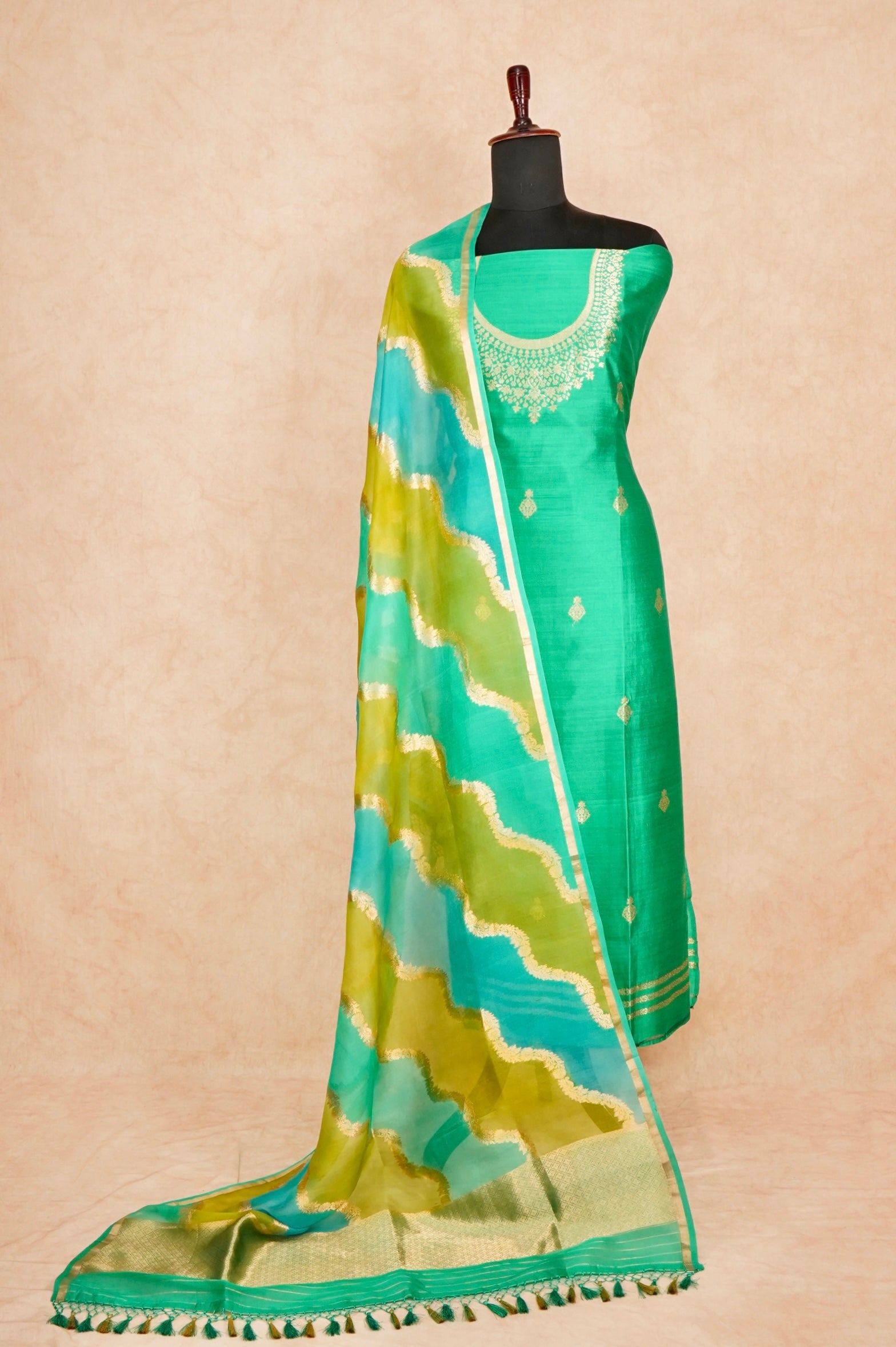 Handwoven Parrot Green Banarasi Katan Silk Suit