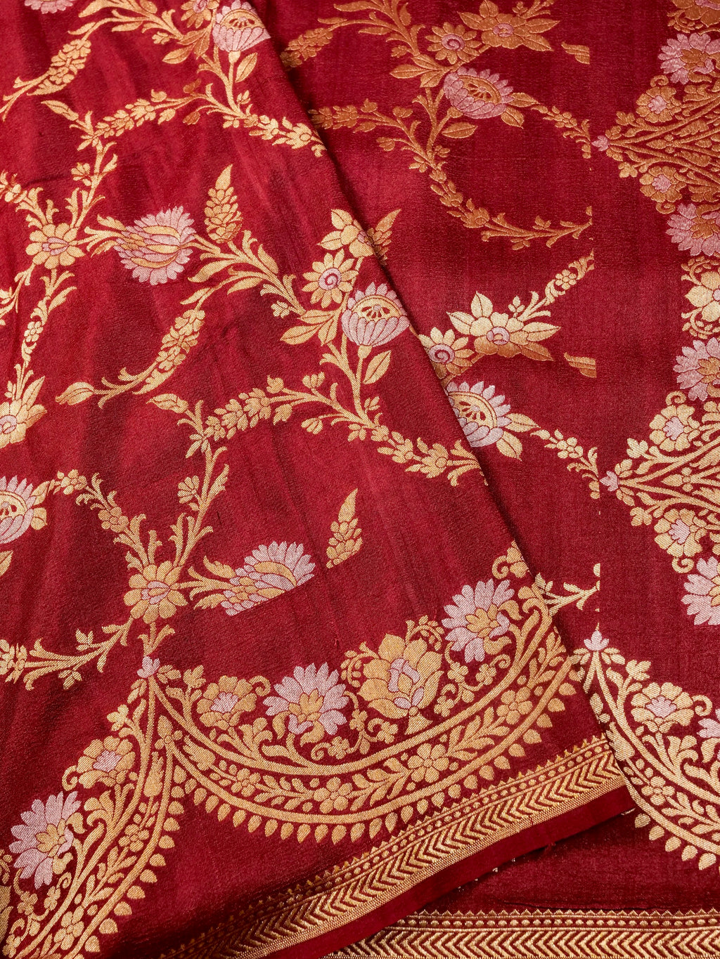 Handwoven red Banarasi Desi Tusser Silk Saree