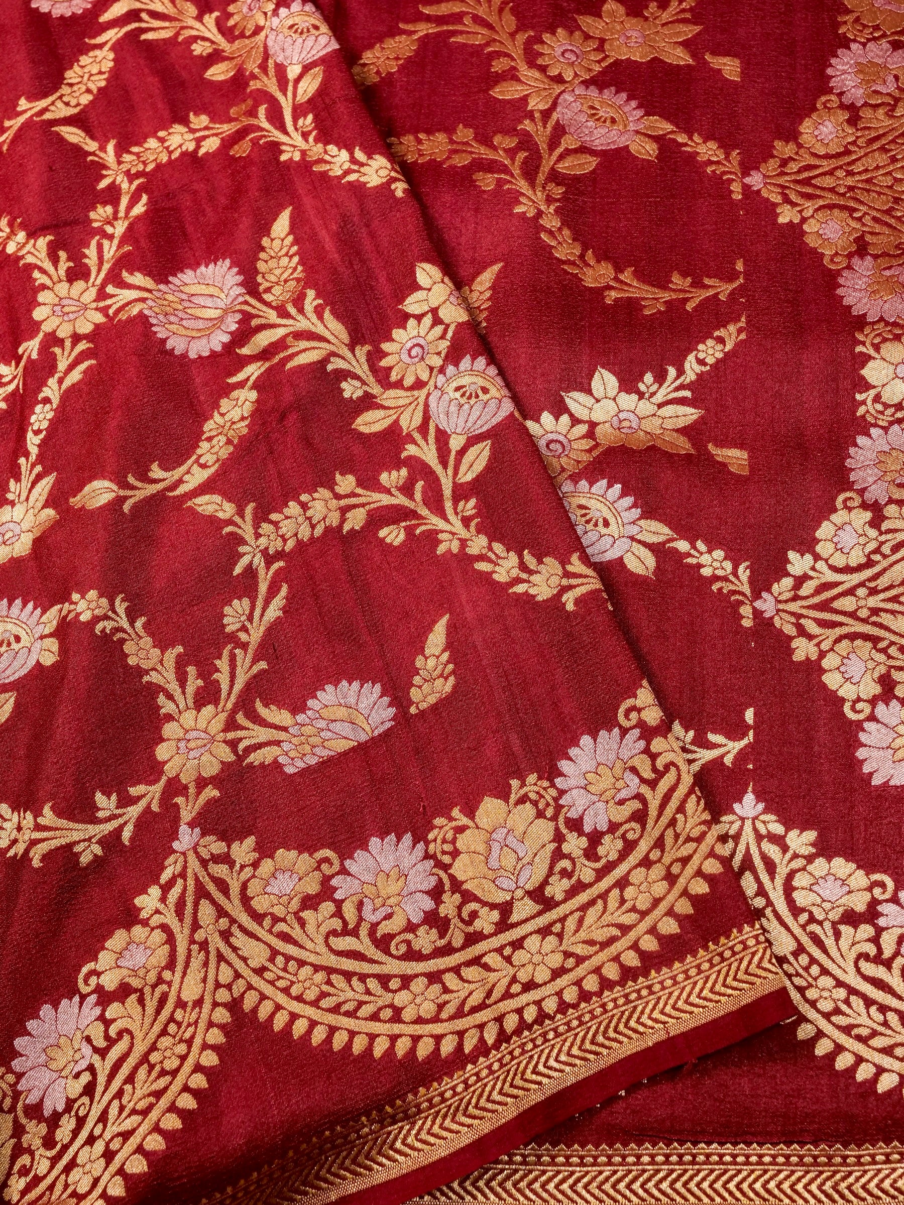 Handwoven red Banarasi Desi Tusser Silk Saree