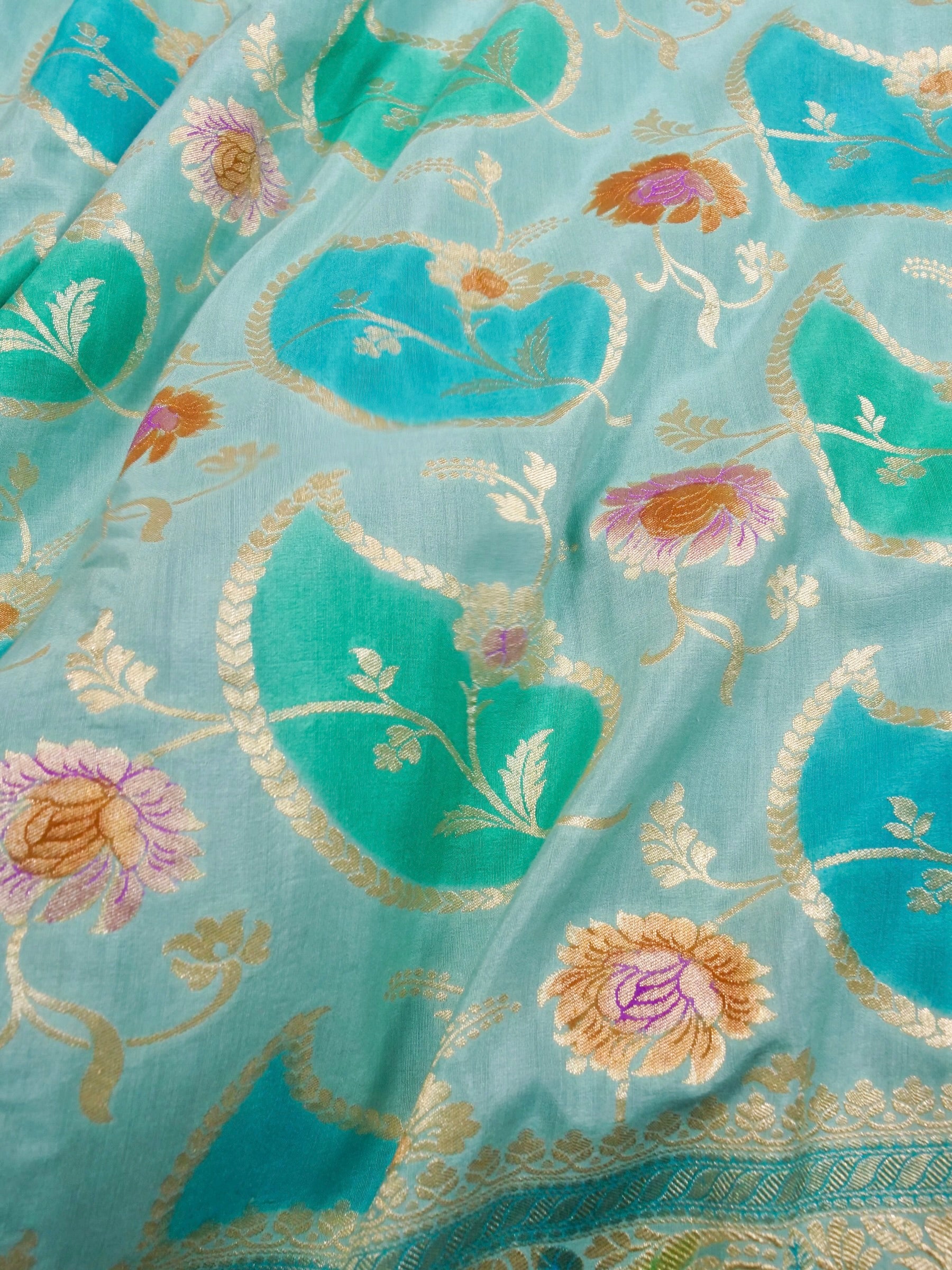 Handwoven Turquoise Blue Banarasi Monga Silk Saree