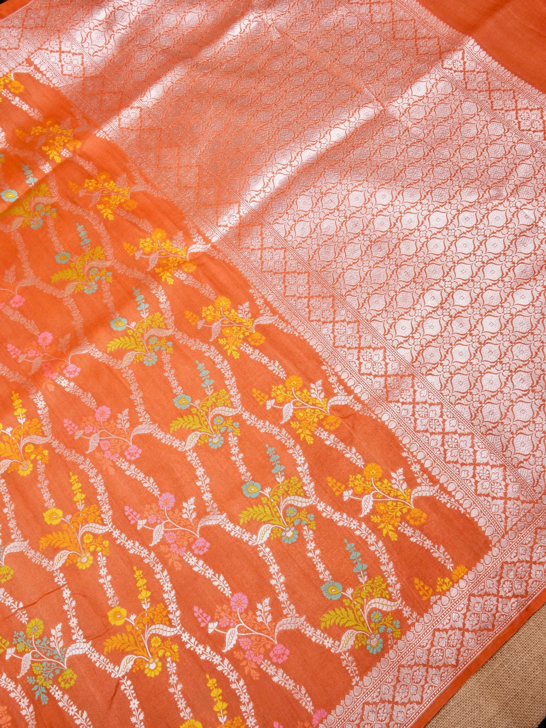 Handwoven Orange Banarasi Monga Silk Saree