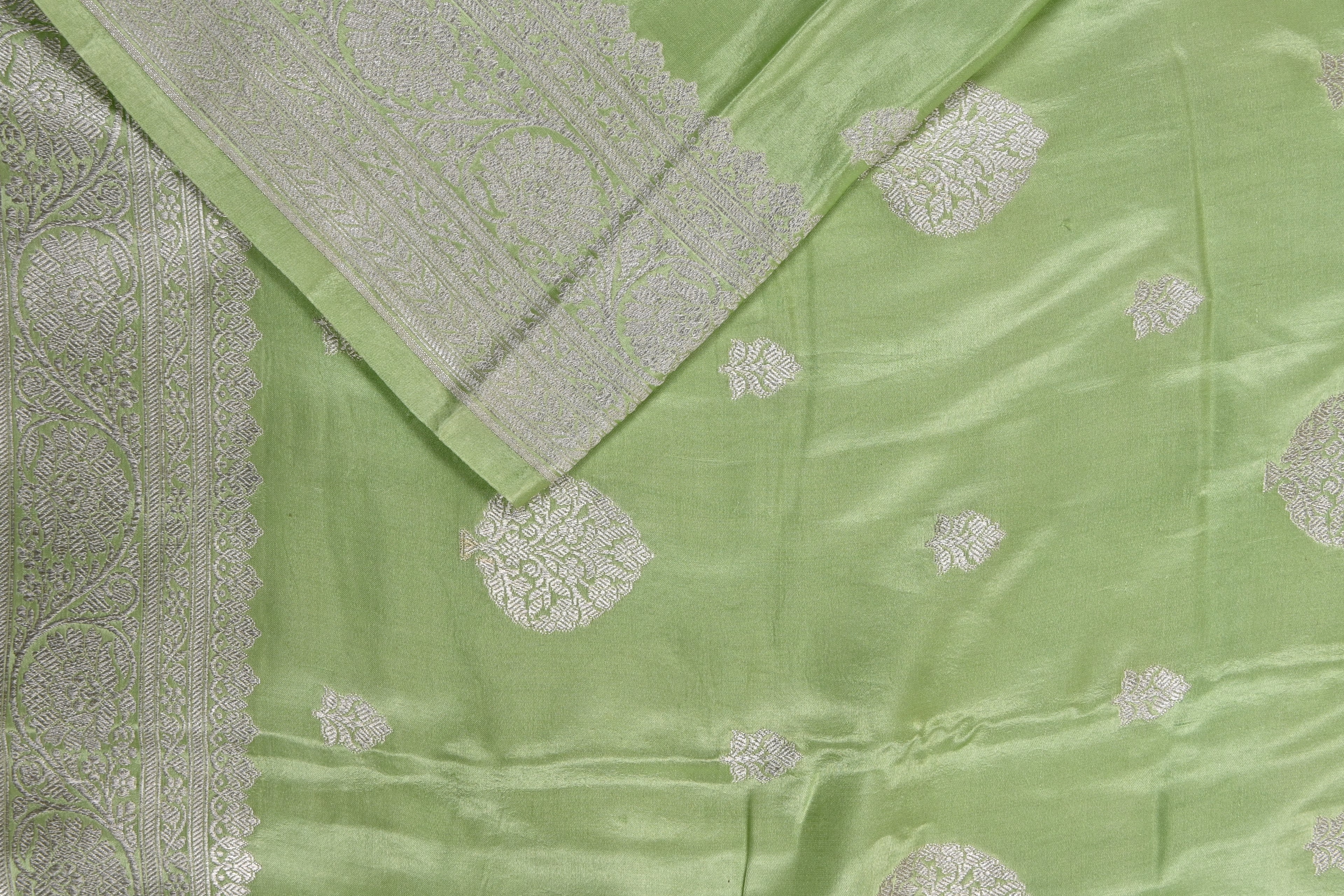 Pista Green Pure Banarasi Satin Mashru Silk Saree