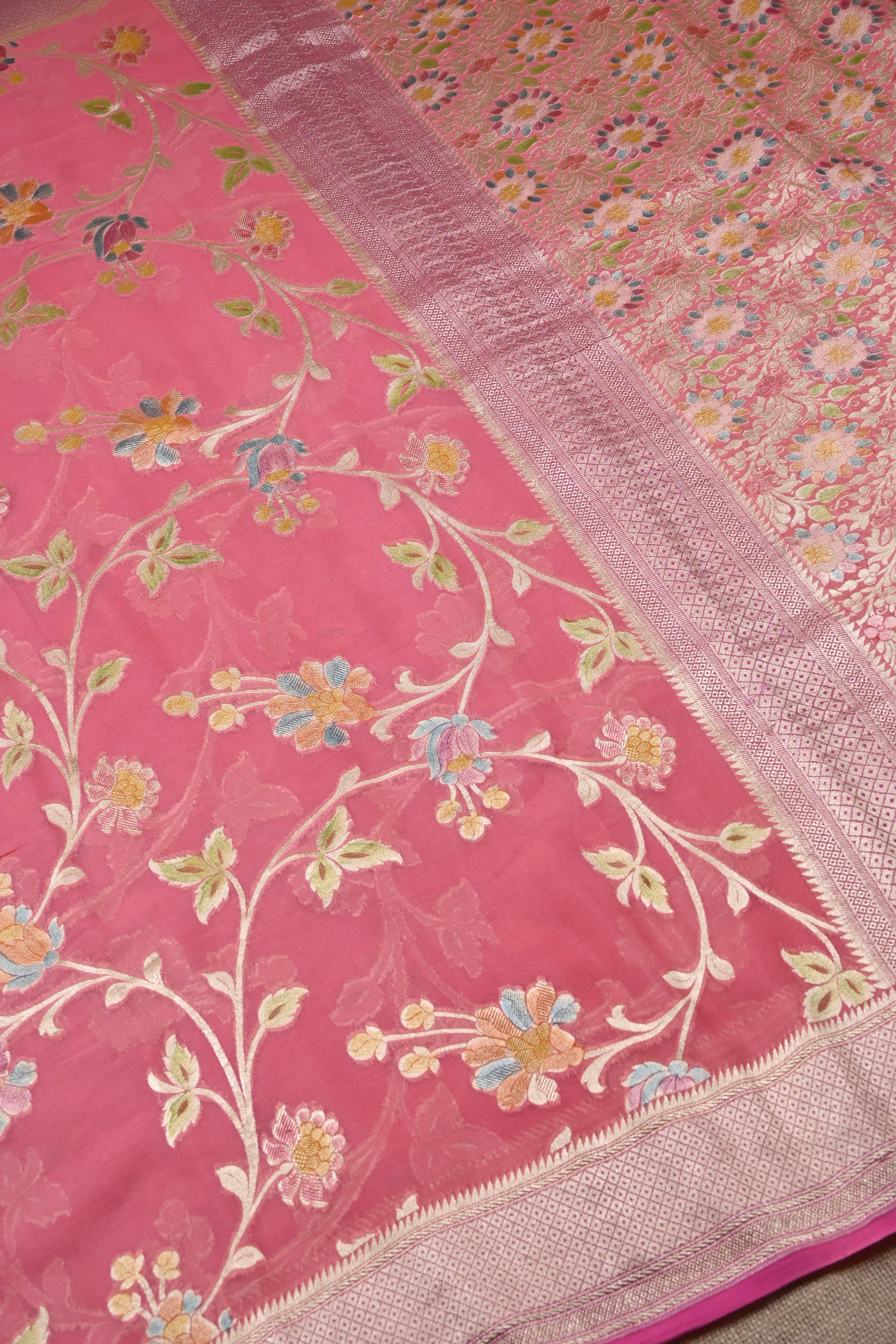 Pinkish Peach Pure Banarasi Khaddi Georgette Silk Saree