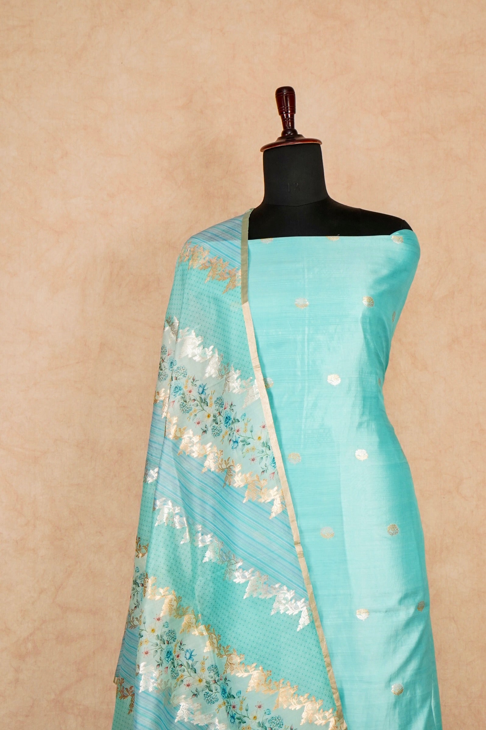 Handwoven Sky Blue Banarasi Monga Silk Suit