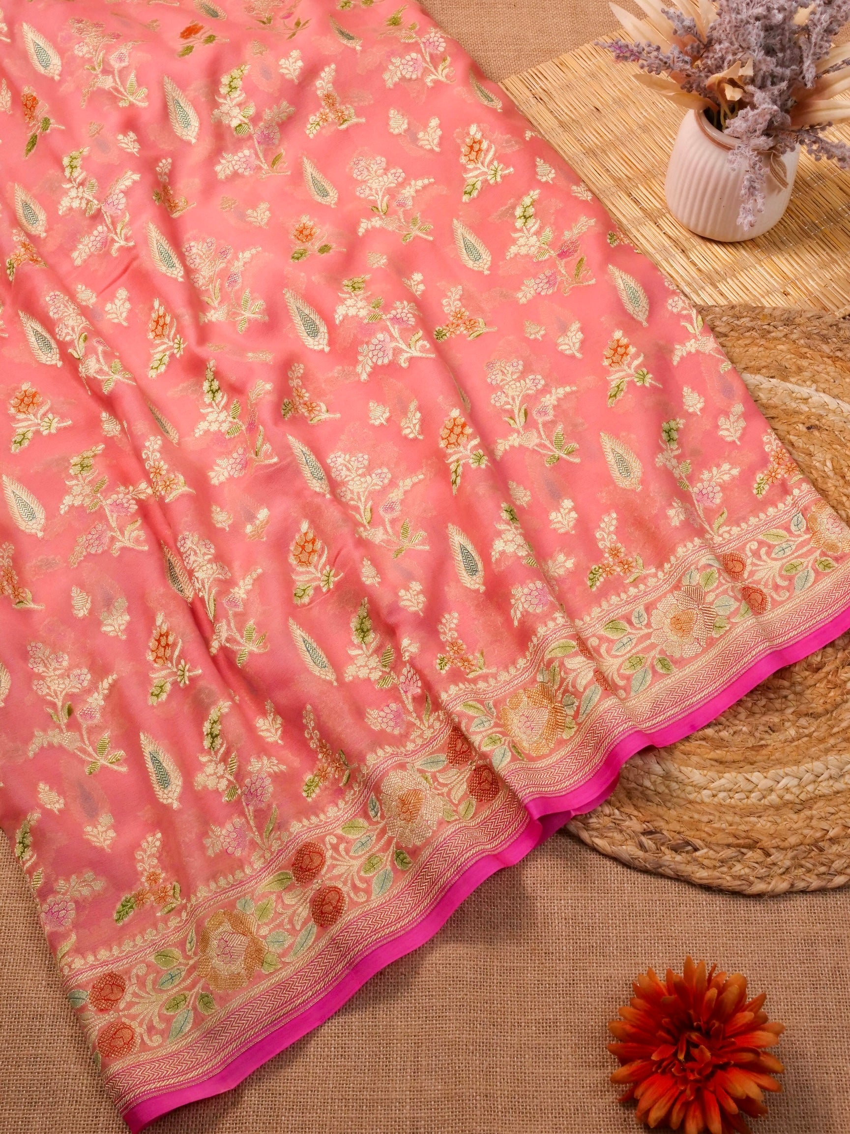 Handwoven Carrot Pink Banarasi Khaddi Silk Saree