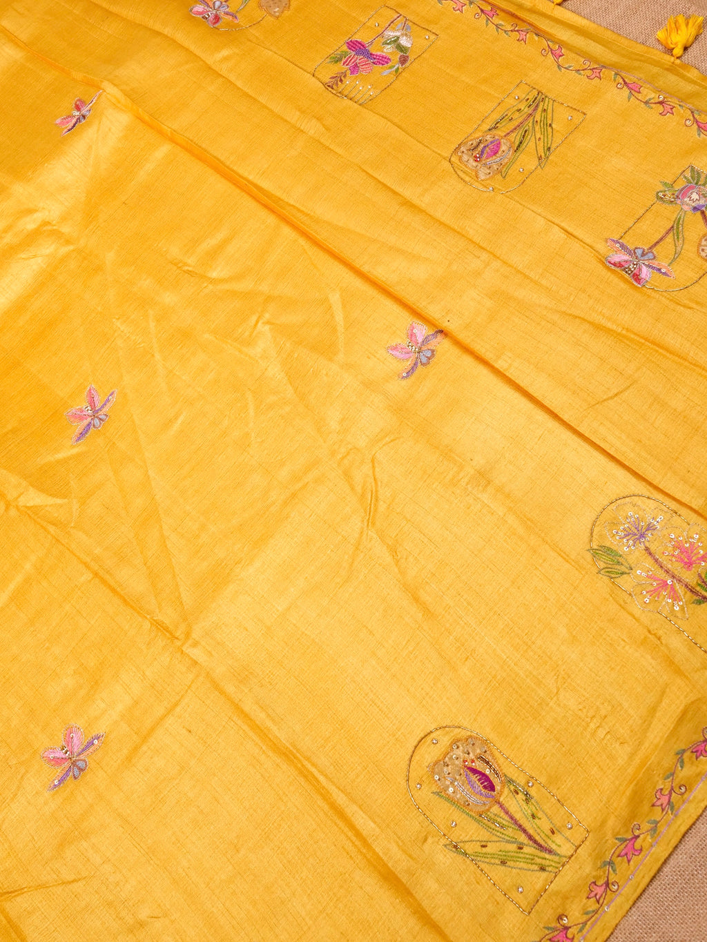 Handwoven Mustard Yellow Banarasi Tussar Silk Saree