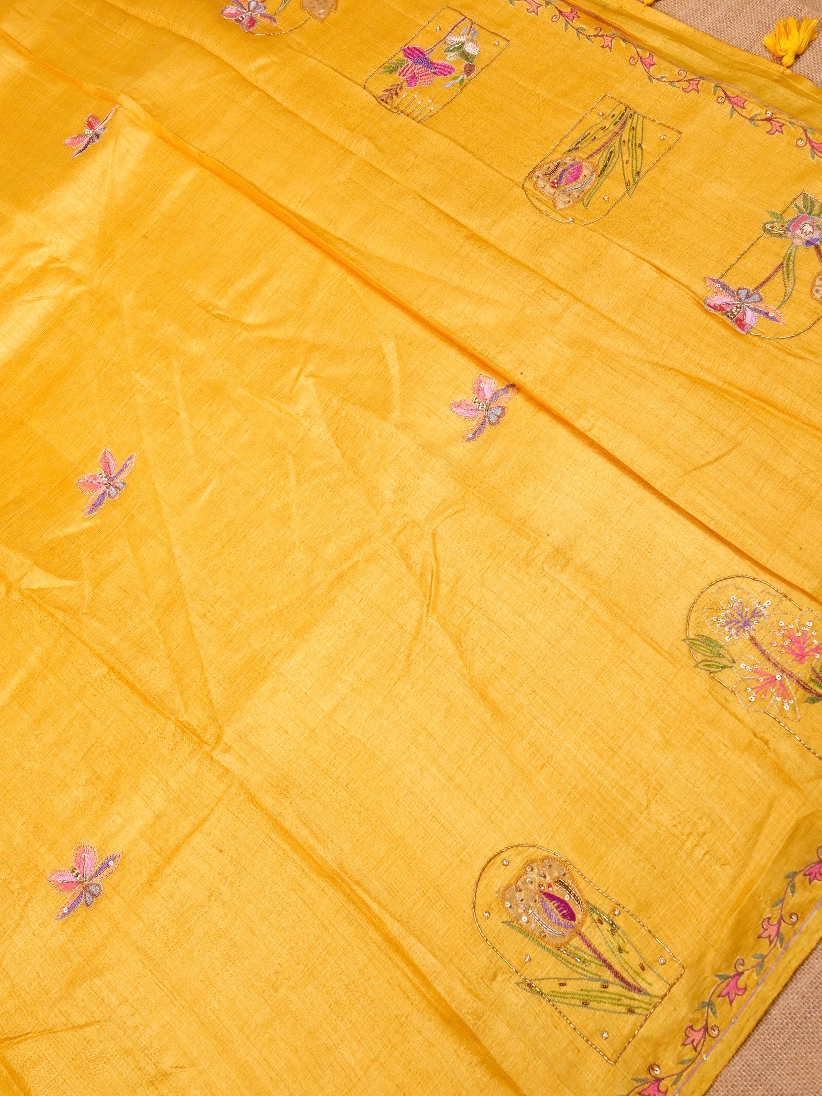 Handwoven Mustard Yellow Banarasi Tussar Silk Saree