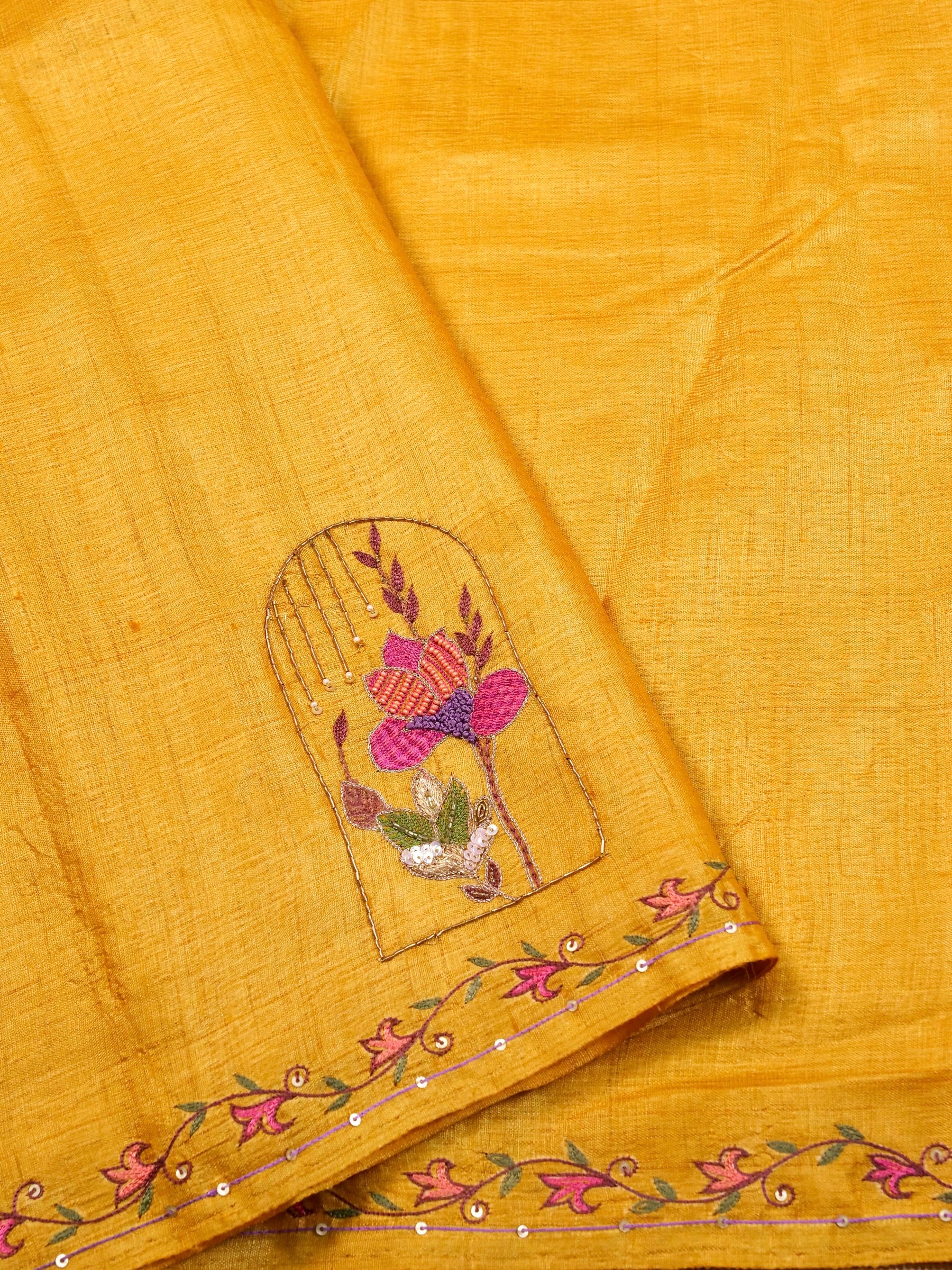 Handwoven Mustard Yellow Banarasi Tussar Silk Saree