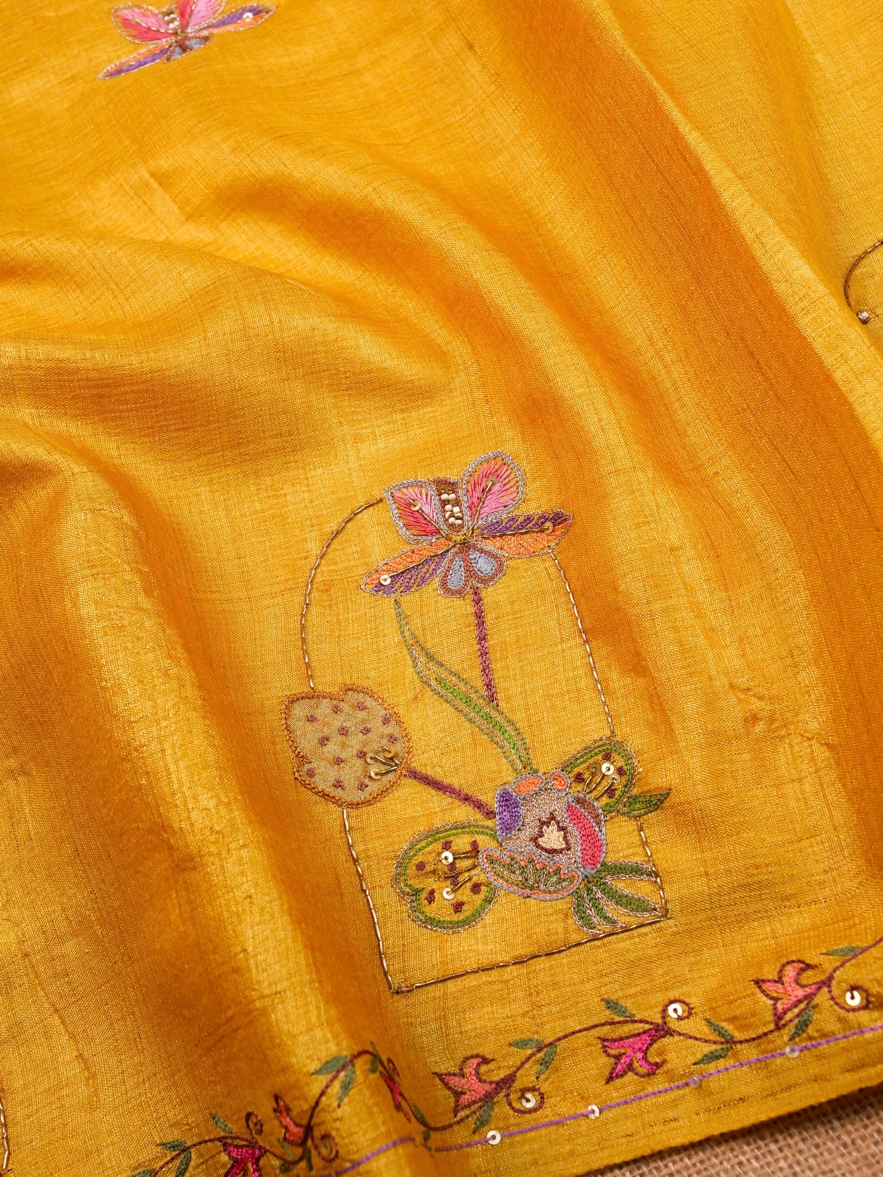 Handwoven Mustard Yellow Banarasi Tussar Silk Saree